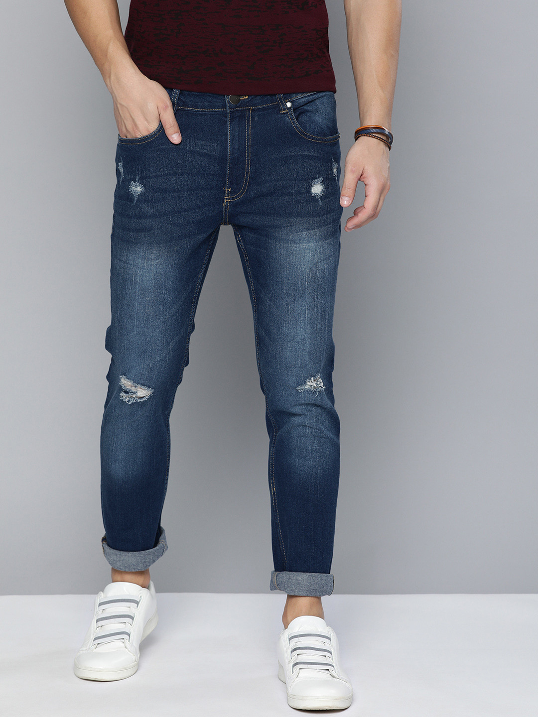 Buy Mast & Harbour Men Navy Blue Skinny Fit Mid Rise Low Distressed