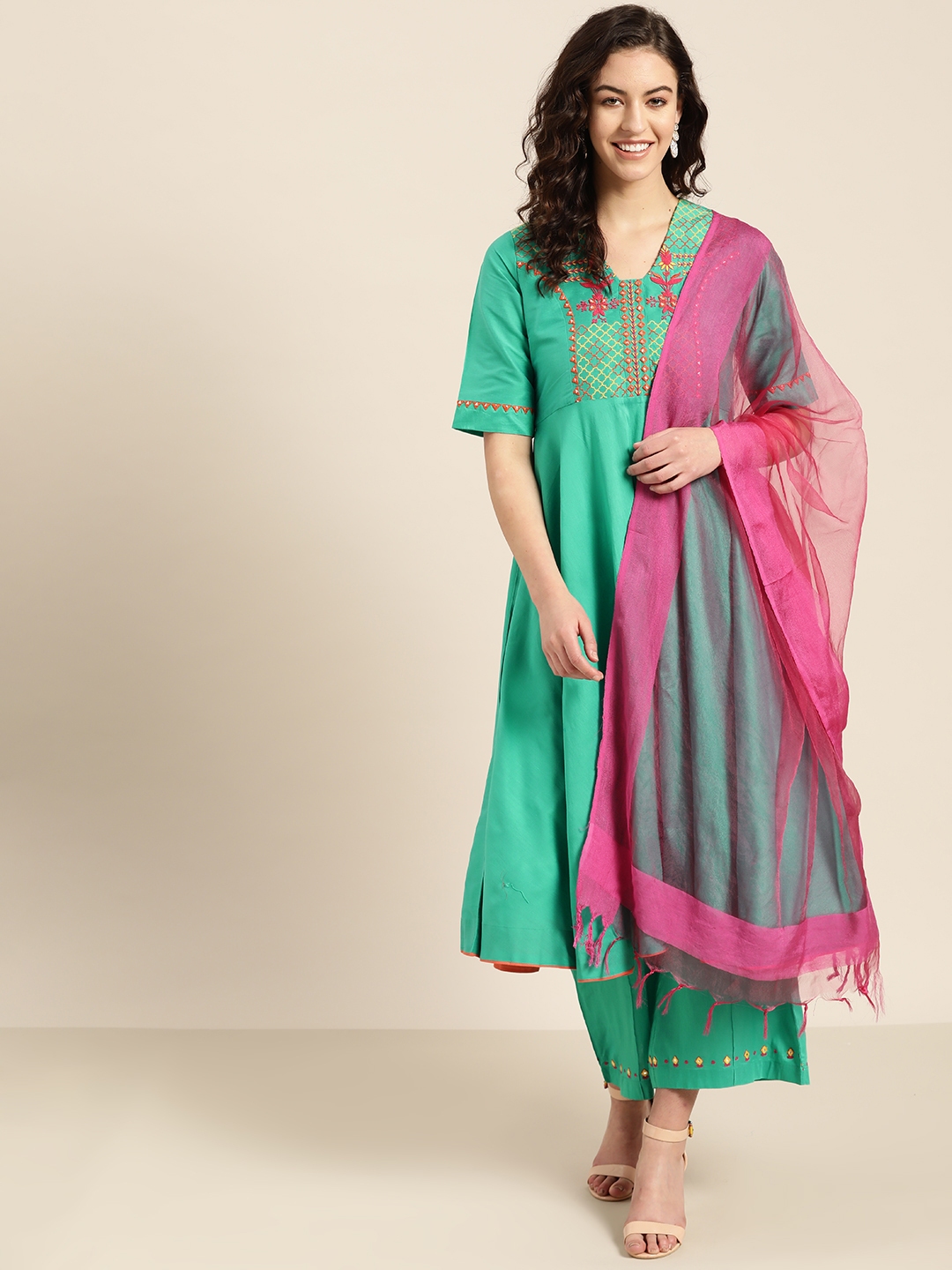 Buy Sangria Women Green & Pink Embroidered Yoke Design Kurta With ...