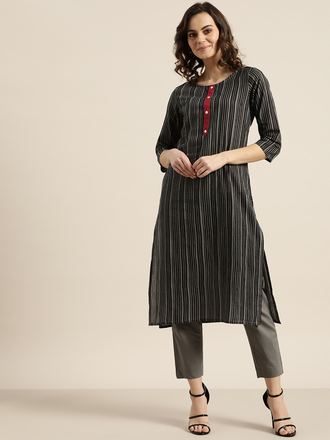 Buy Sangria Women Charcoal Grey & Black Striped Kurta With Trousers