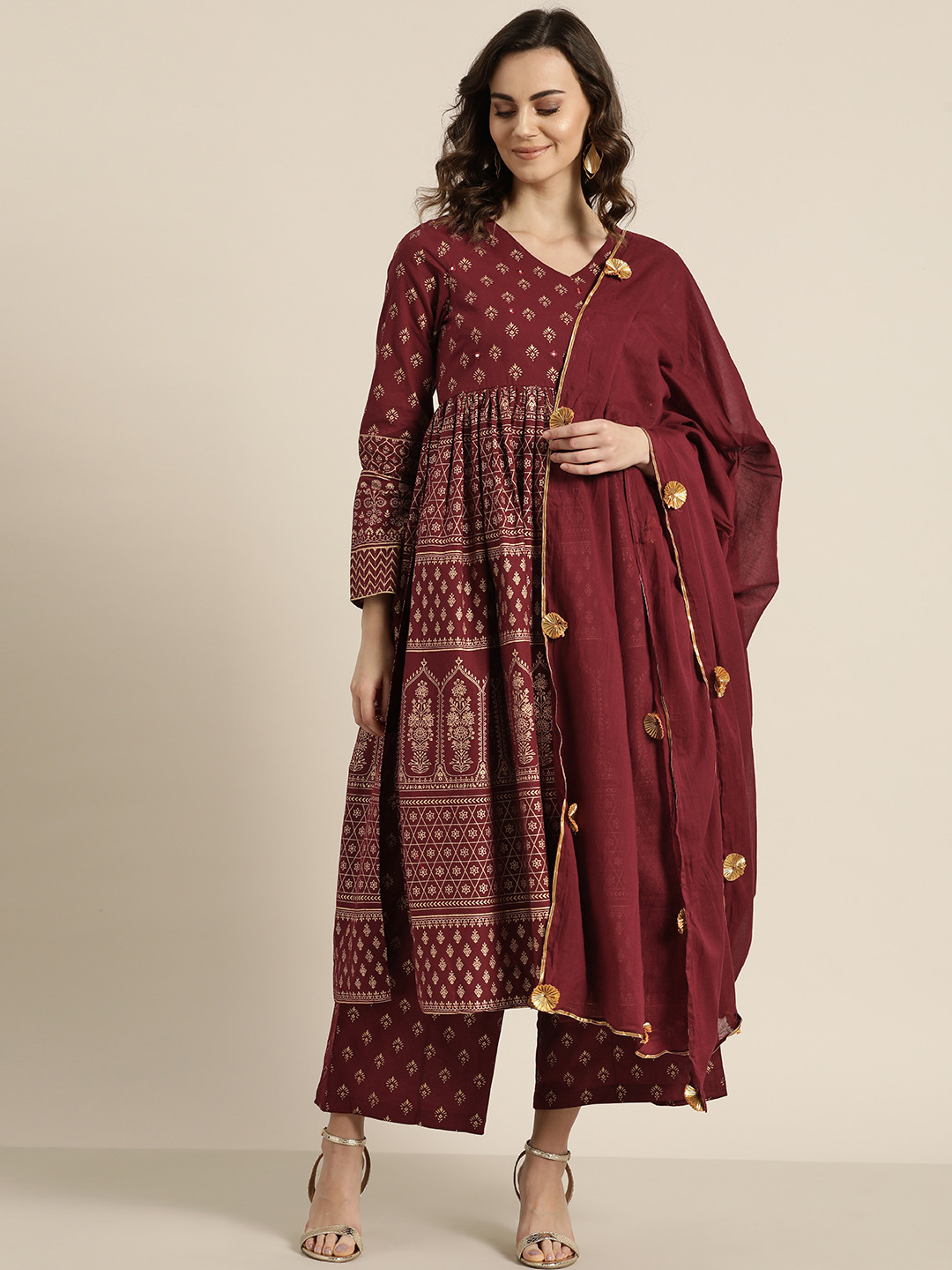 Buy Sangria Women Maroon & Golden Printed Kurta With Palazzos & Dupatta