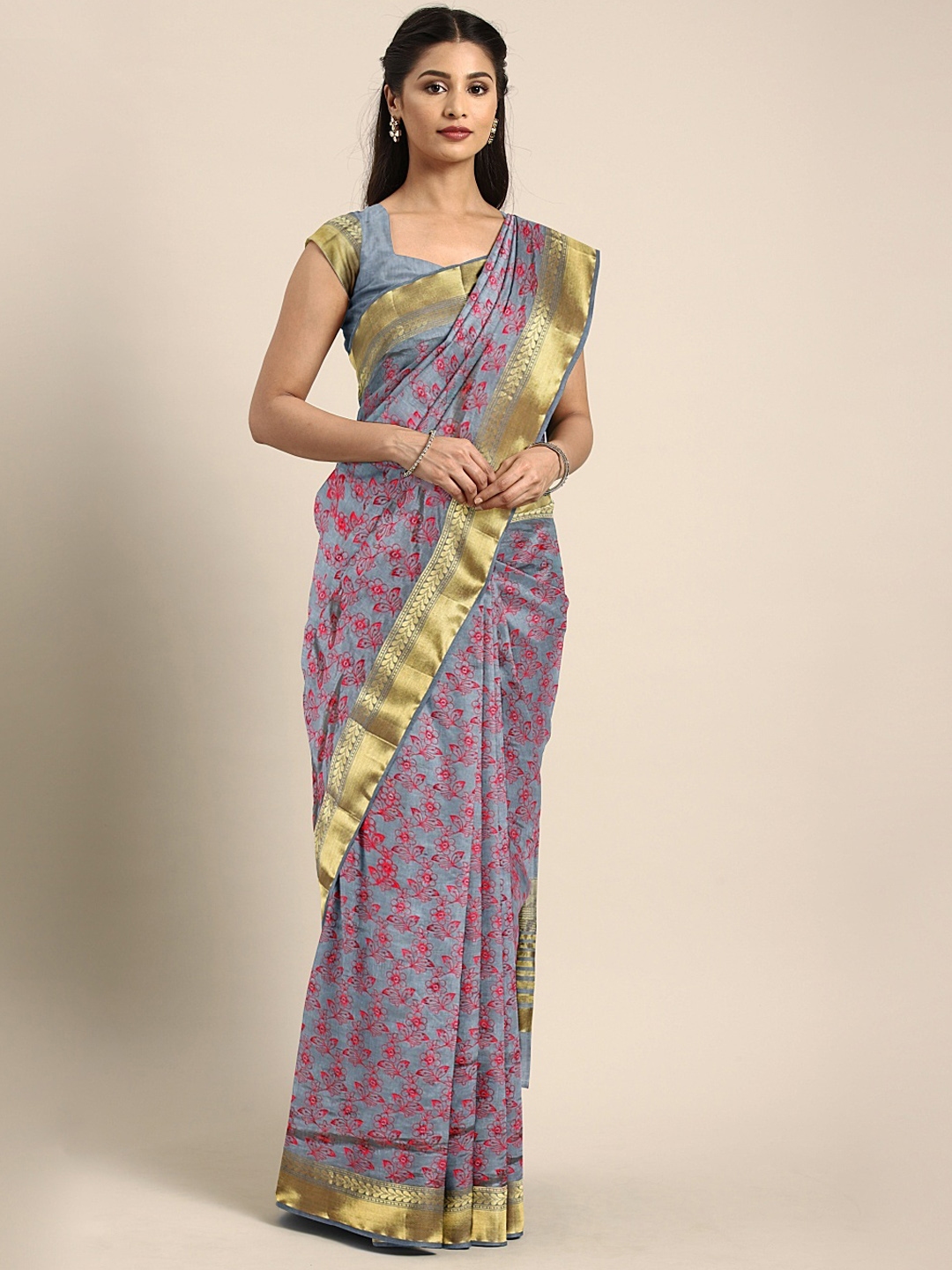 Buy The Chennai Silks Classicate Grey & Red Jute Silk Embroidered ...