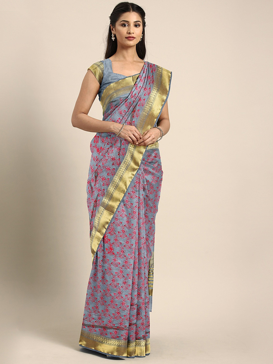 Buy The Chennai Silks Classicate Grey & Red Jute Silk Embroidered