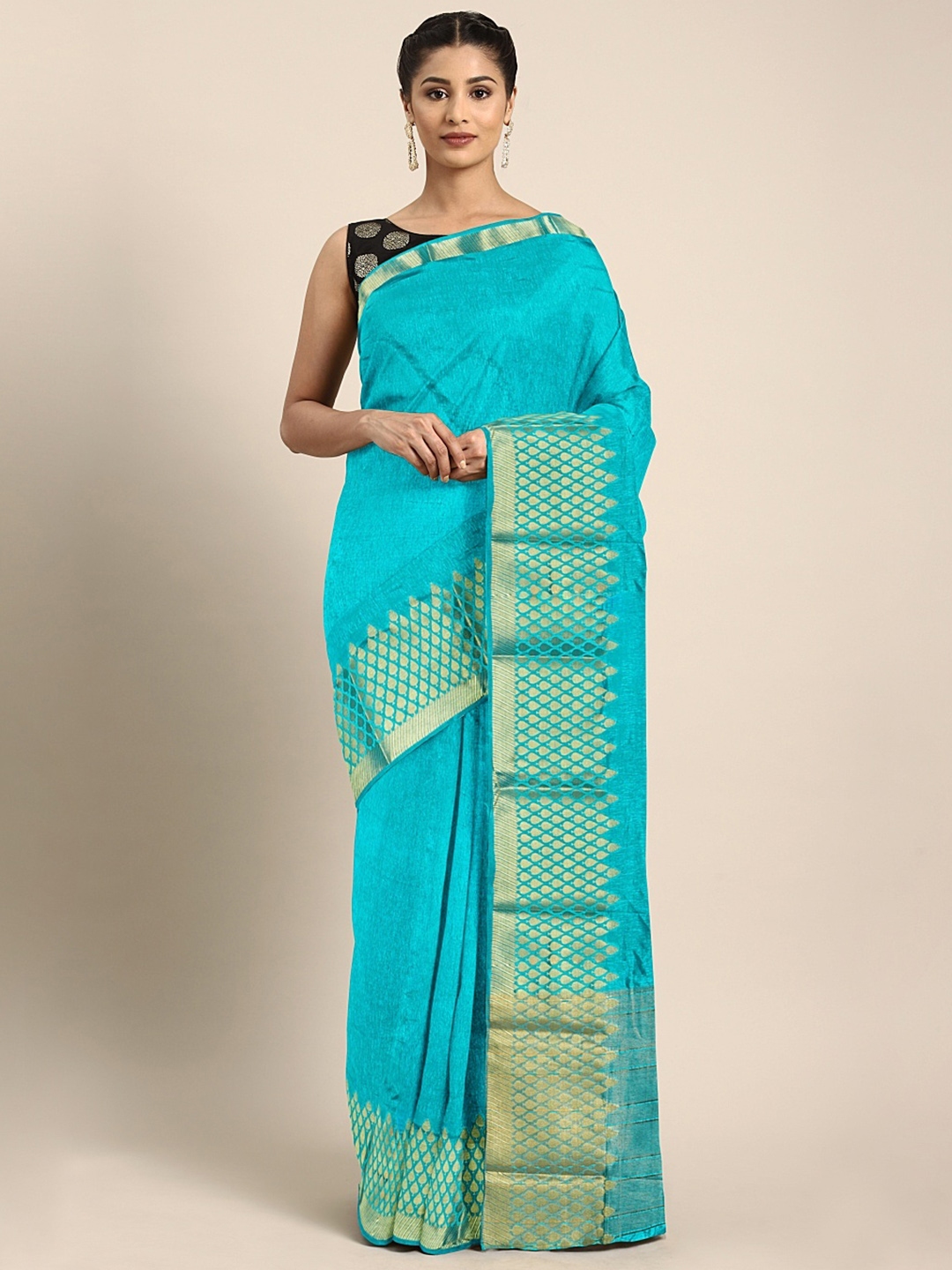 Buy The Chennai Silks Turquoise Blue Silk Blend Solid Banarasi Saree ...
