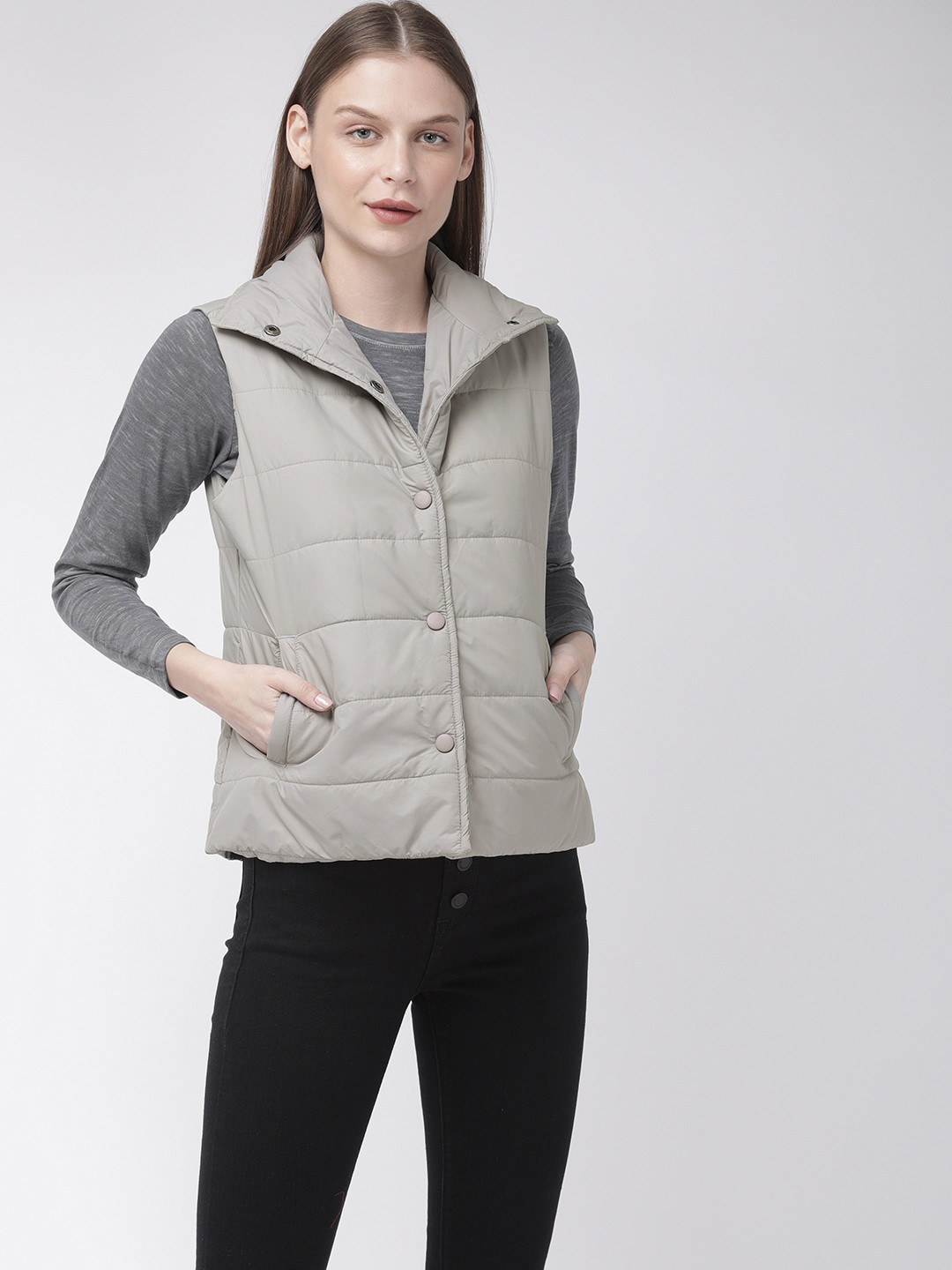 Buy Flying Machine Women Grey Solid Sleeveless Puffer Jacket Jackets