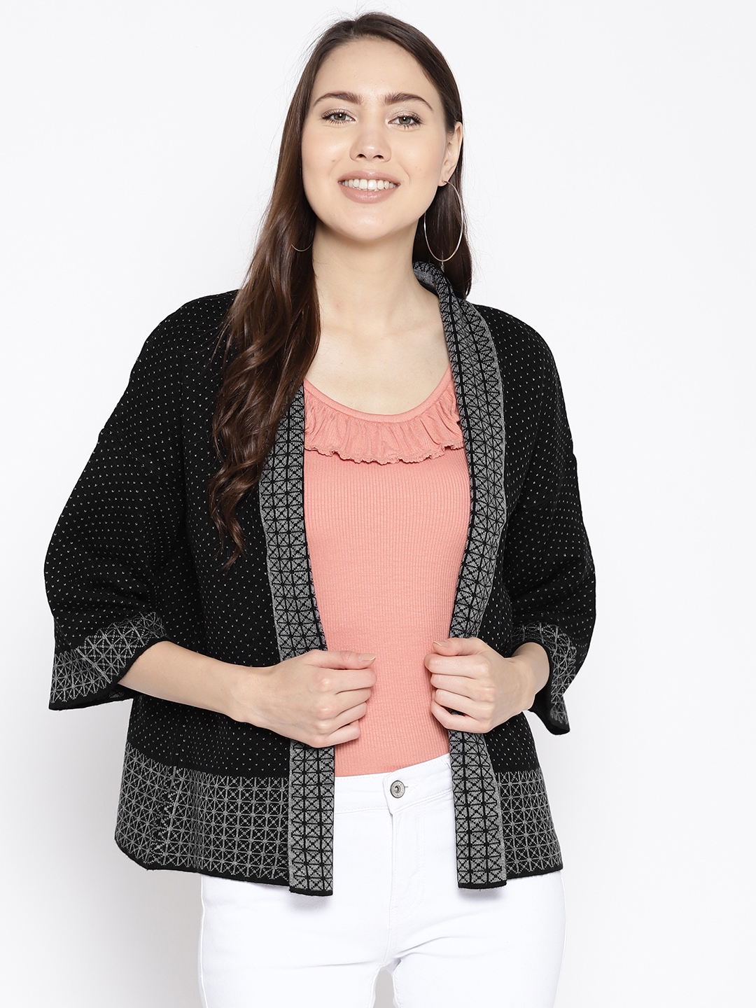 Buy Cayman Women Black & Grey Wool Self Design Front Open Sweater ...
