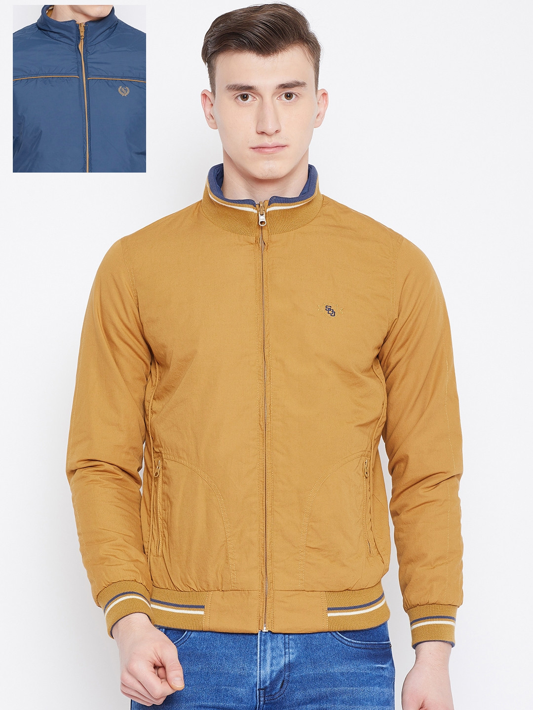 Buy Duke Men Mustard Yellow & Navy Blue Solid Reversible Varsity Jacket