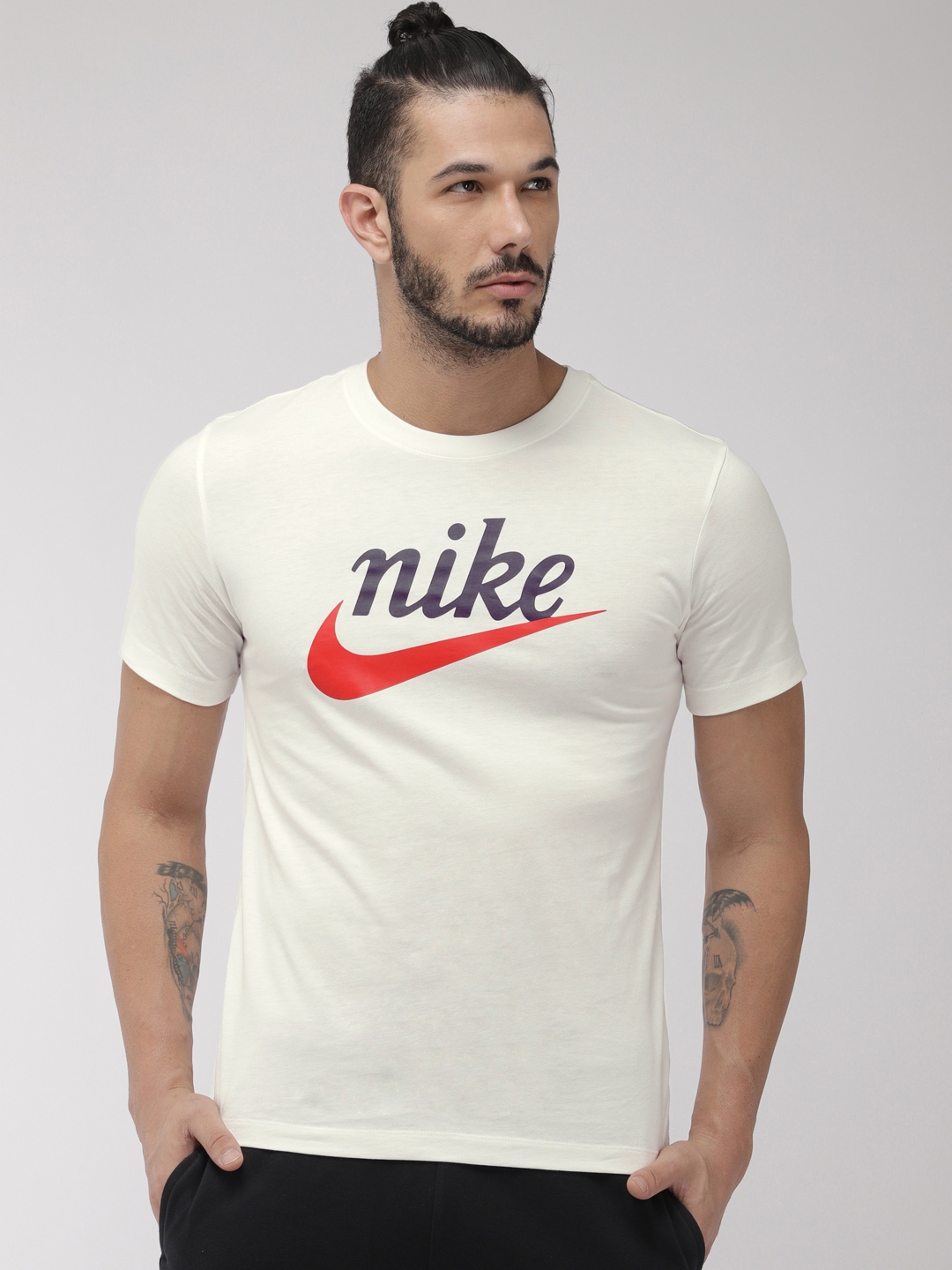 Buy Nike Men Off White Printed Round Neck HERITAGE+ HBR Pure Cotton T ...