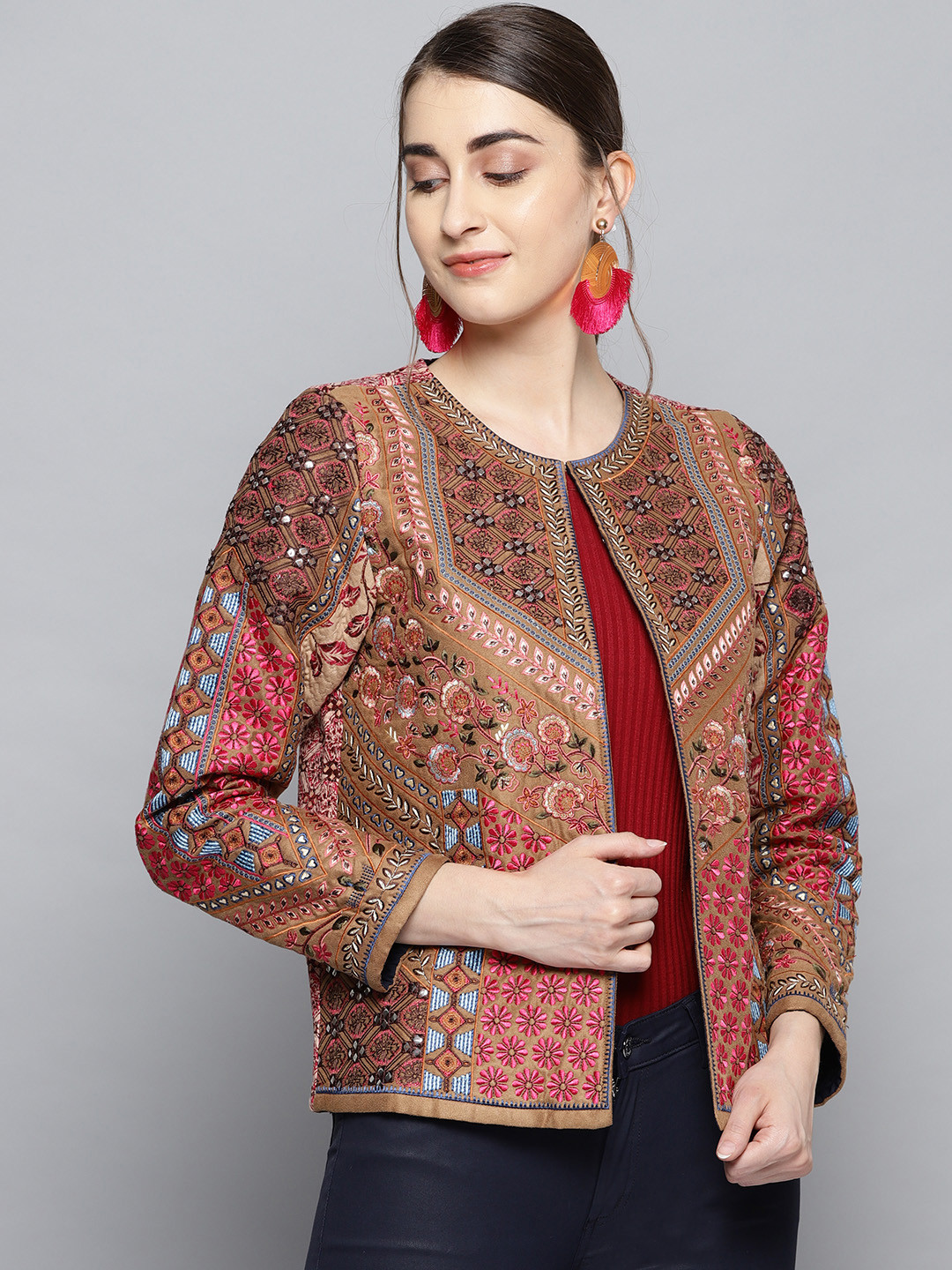 Buy Label Ritu Kumar Women Beige & Pink Embroidered Ethnic Jacket