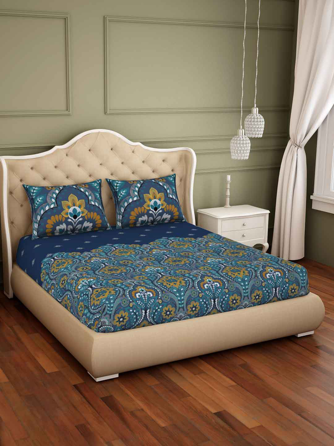 Buy SPACES Blue Ethnic Motifs 180 TC Cotton 1 Sustainable King Bedsheet