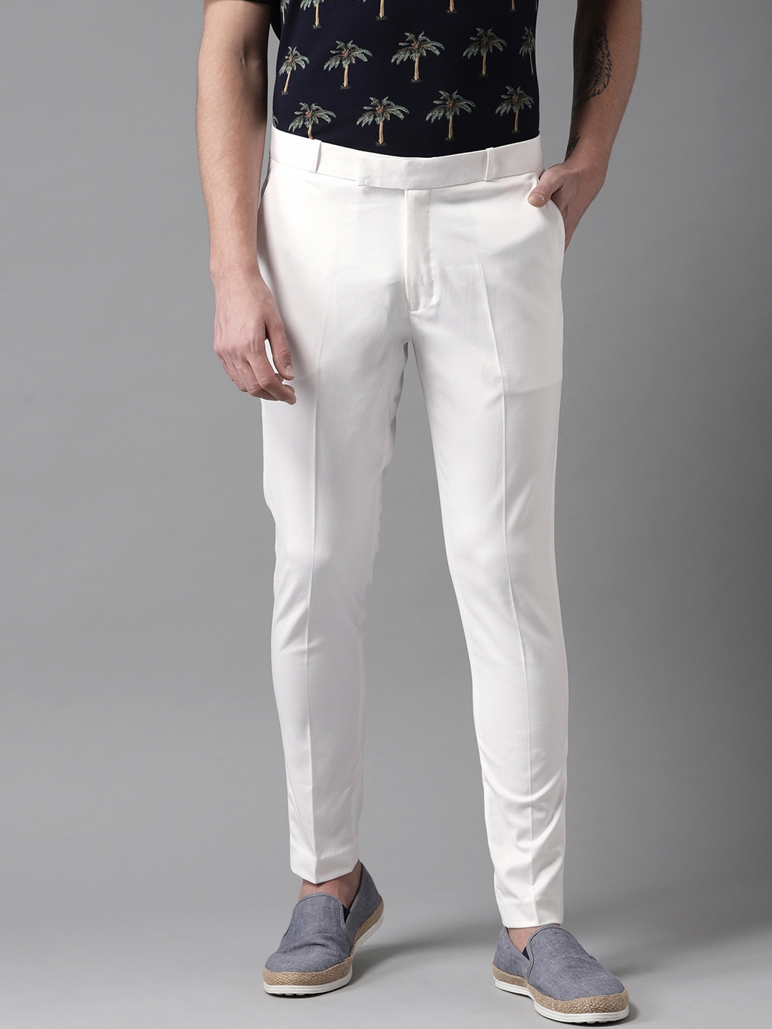 Buy DENNISON Men White Smart Tapered Fit Cropped Trousers - Trousers ...