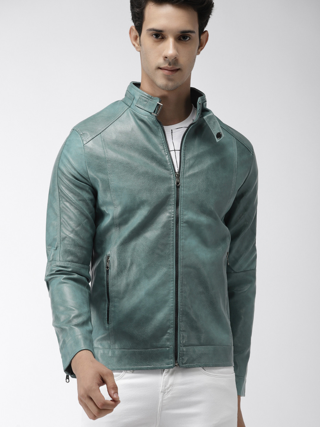 Buy The Indian Garage Co Men Teal Green Solid Biker Jacket - Jackets for Men 10604644 | Myntra