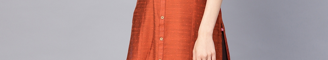 Buy Varanga Women Rust Orange Dobby Weave Woven Design Straight Kurta ...