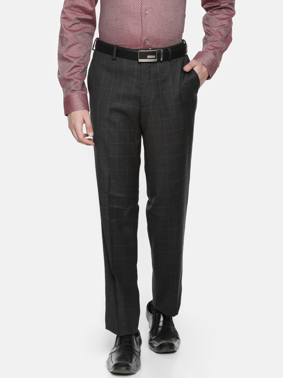Buy Theme Men Charcoal Grey Slim Fit Checked Formal Trousers - Trousers ...