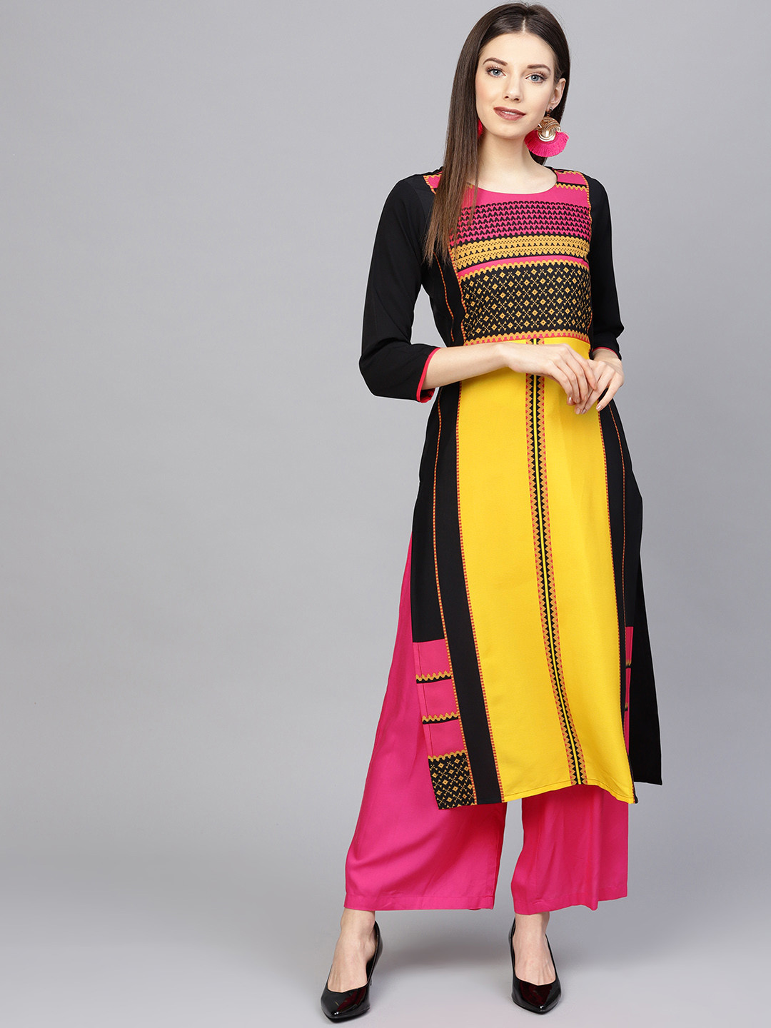 Buy AHIKA Women Black & Yellow Printed Straight Kurta Kurtas for
