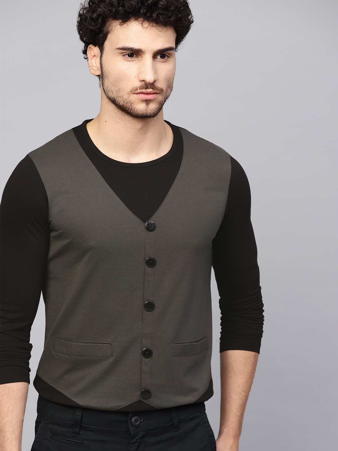 Buy Seven Rocks Men Charcoal Grey & Black Solid Round Neck T Shirt - Tshirts for Men 10615426 