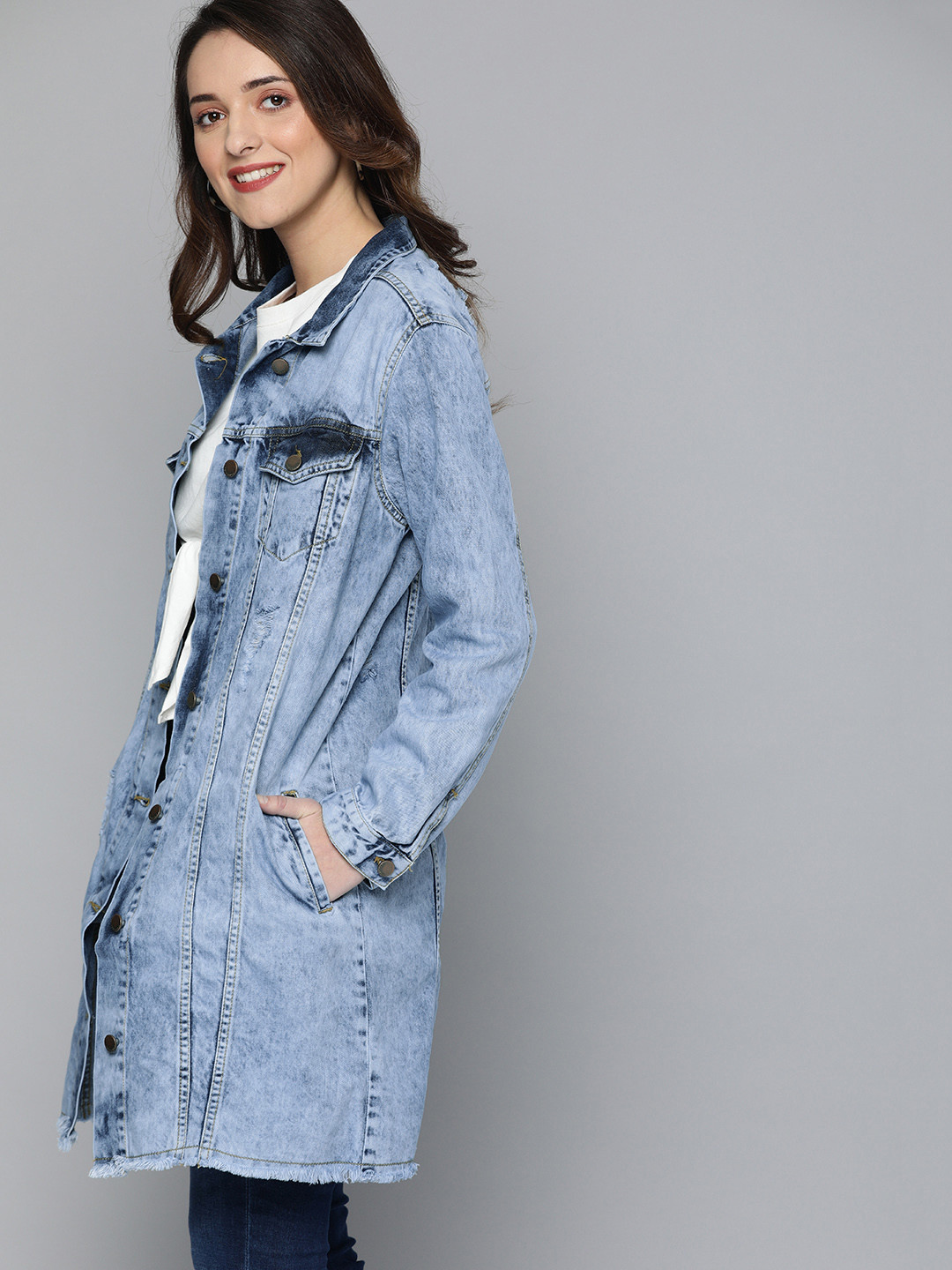 Buy HERE&NOW Women Blue Solid Longline Denim Jacket Jackets for Women