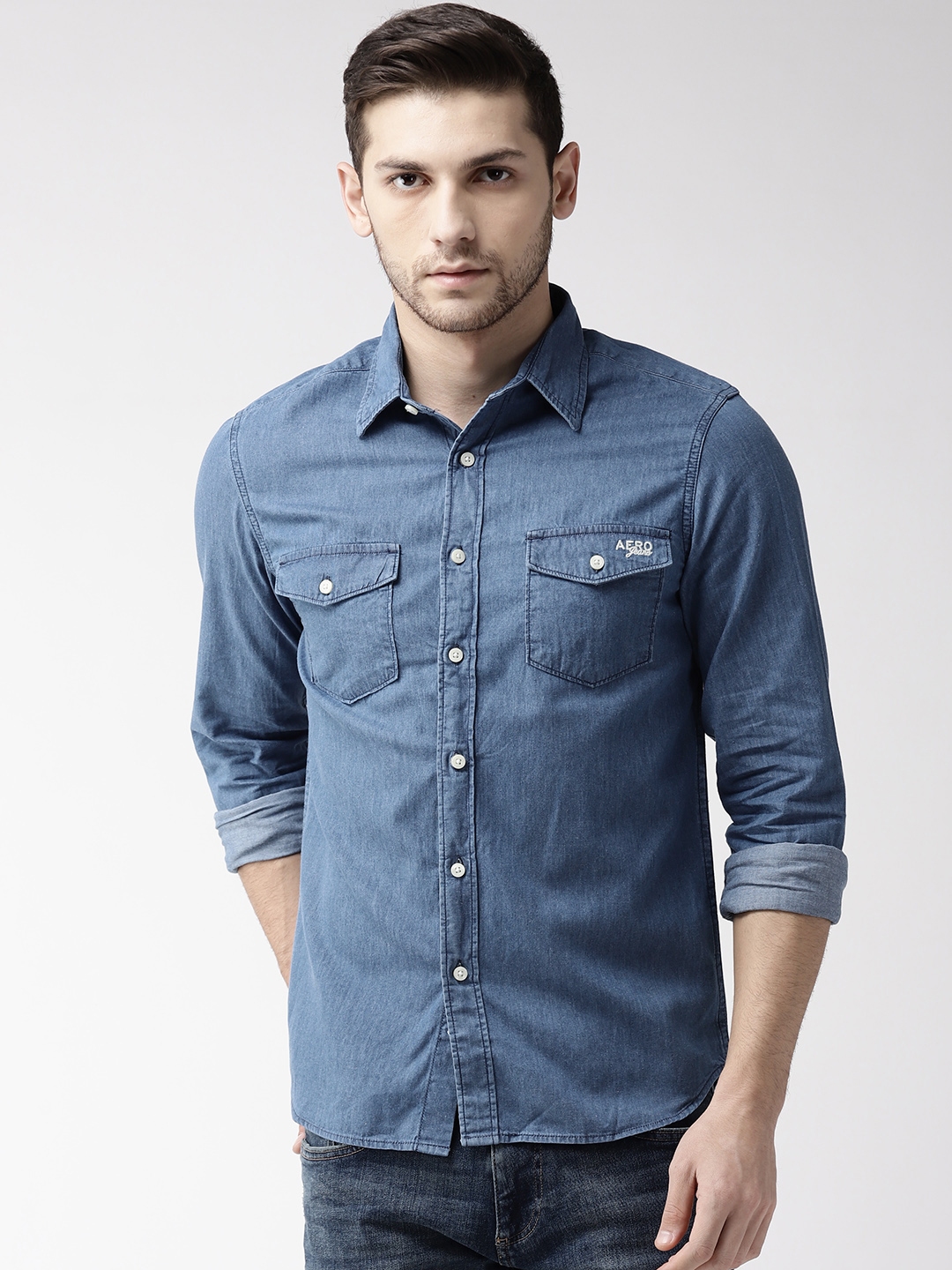 off the shoulder blue jean shirt