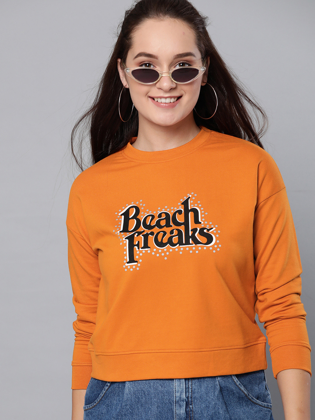 Buy HERE&NOW Women Mustard Yellow & Black Printed Sweatshirt