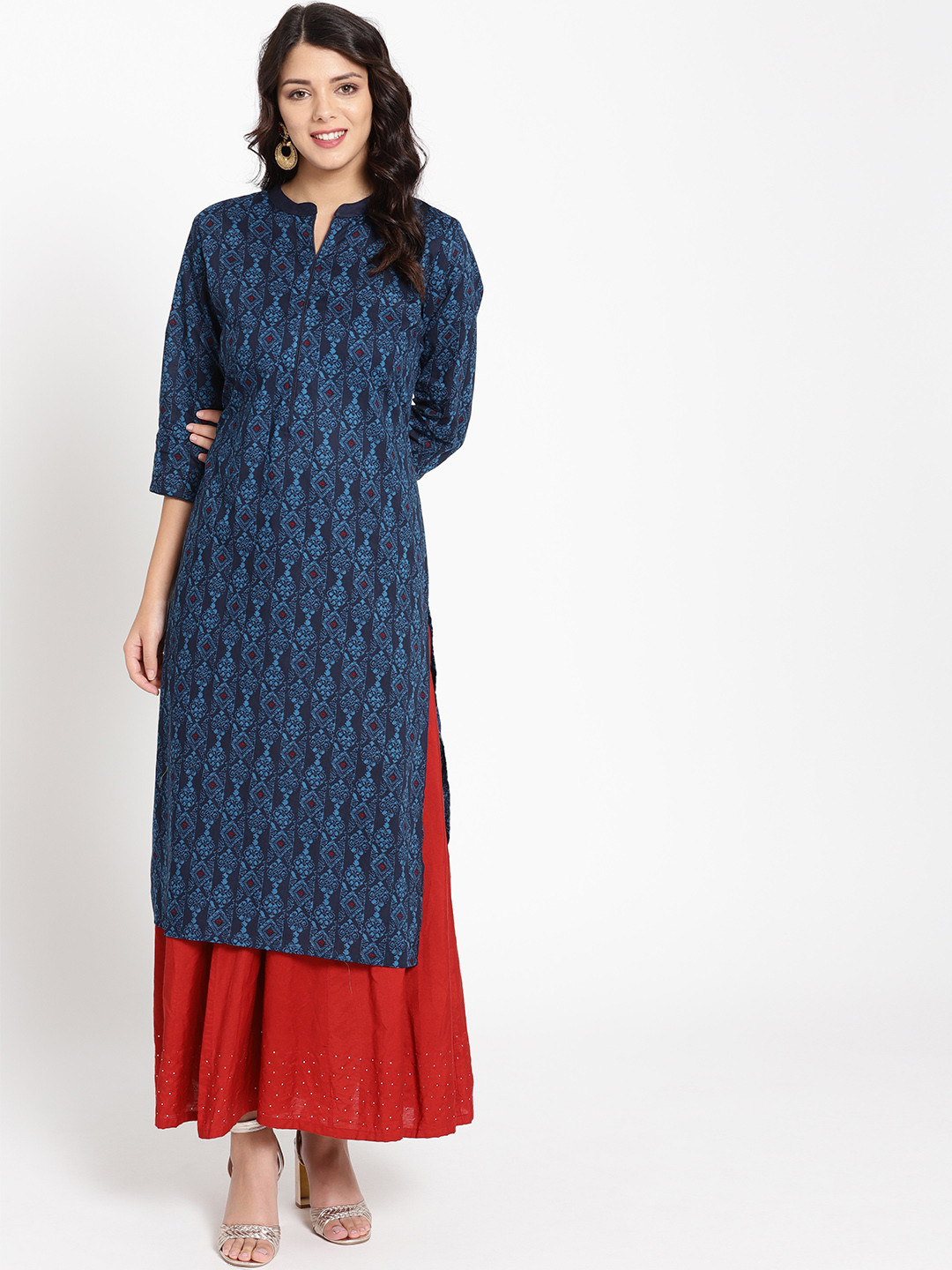 Women Navy Blue & White Printed Straight Kurta