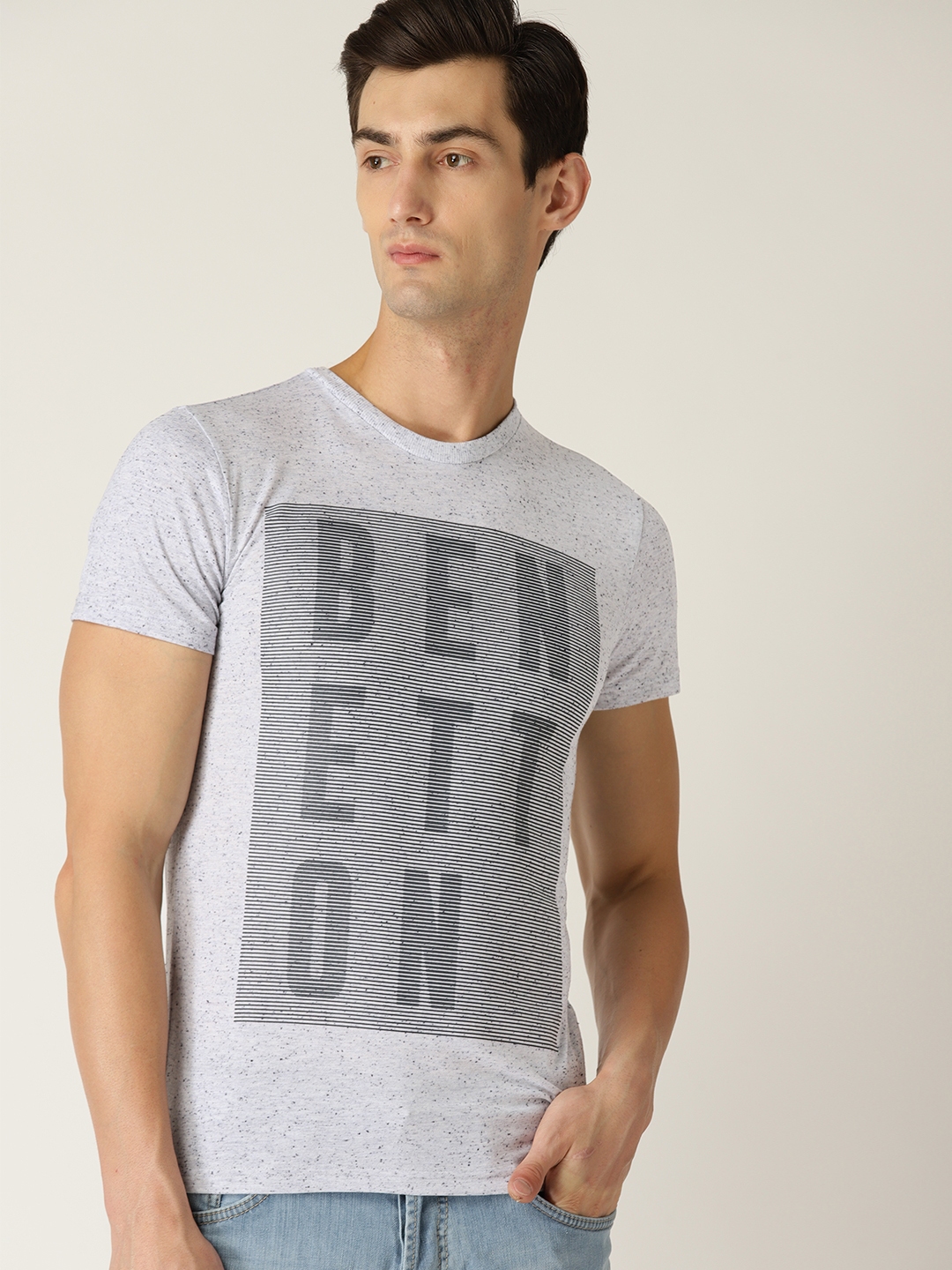 Buy United Colors Of Benetton Men Grey & Black Printed Round Neck T ...