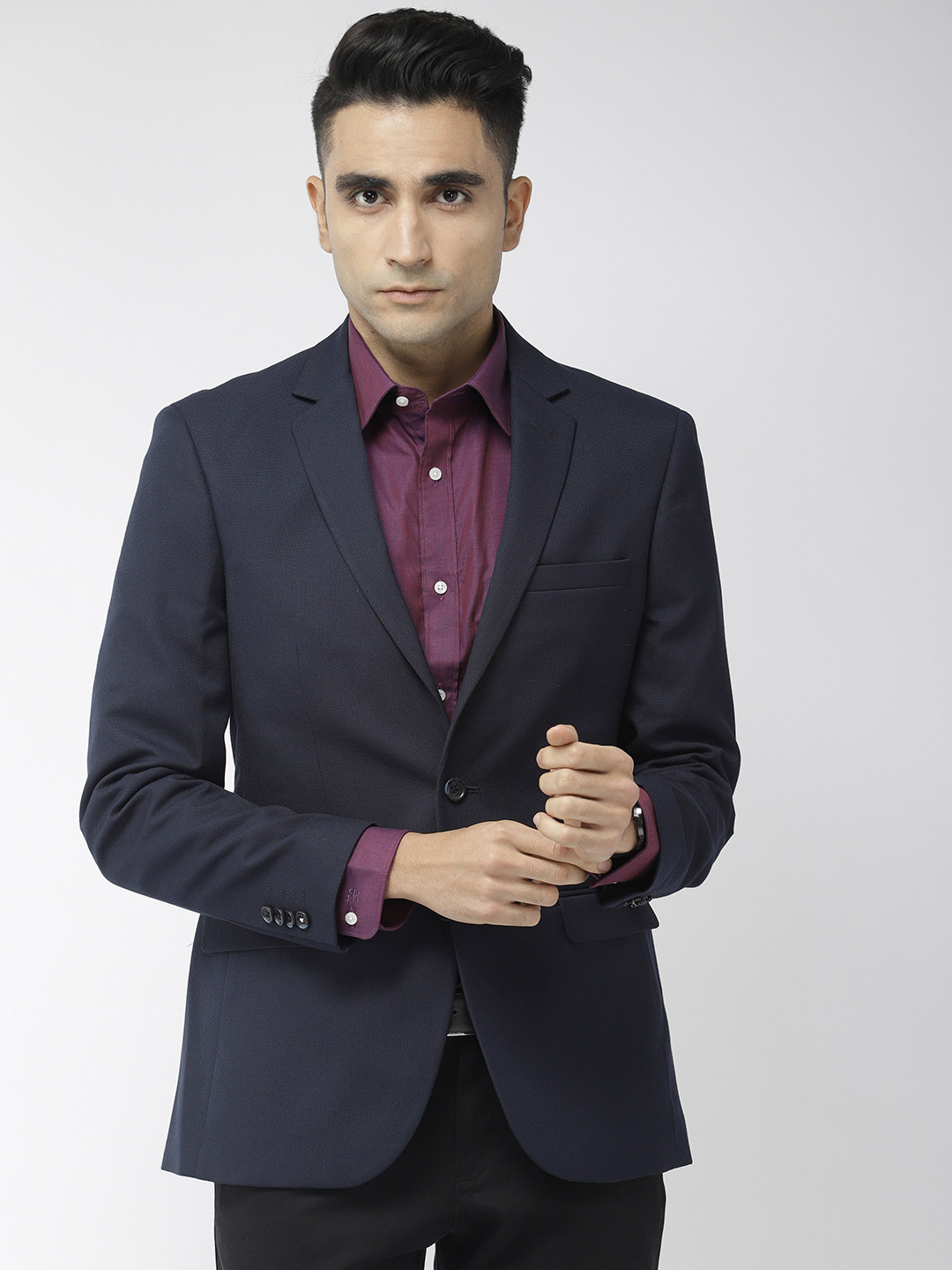 Buy Raymond Men Navy Blue Self Design Slim Fit Single Breasted Formal