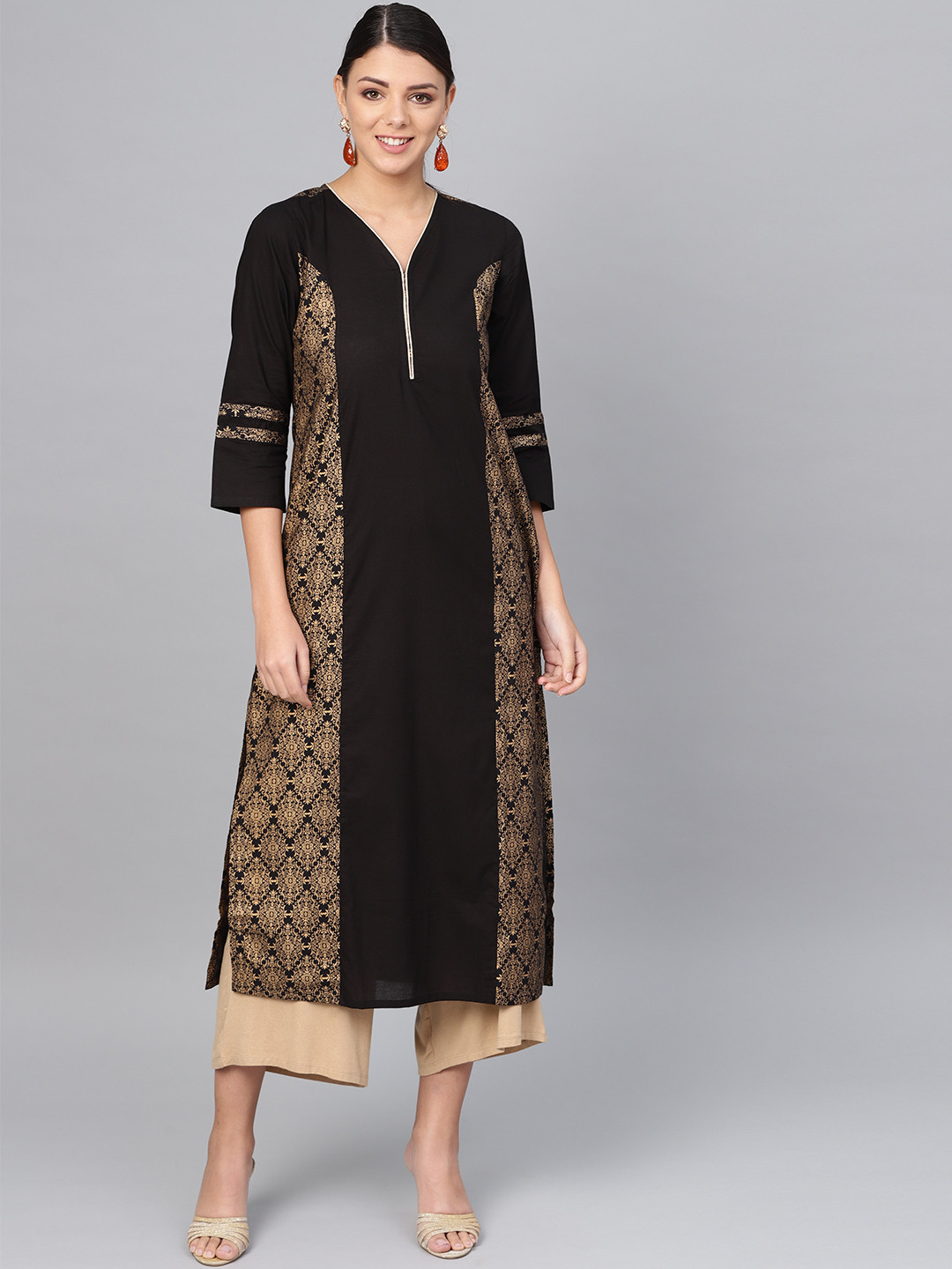 Women Maroon & Golden Printed Straight Kurta