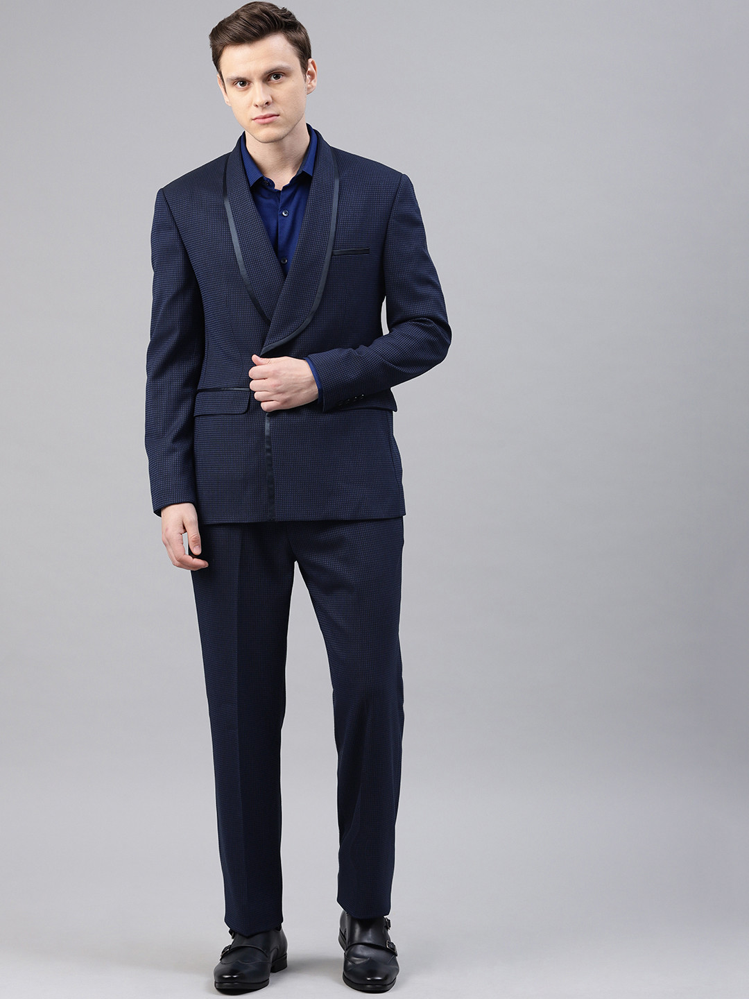 Buy Peter England Men Navy Blue & Black Self Design Neo Slim Fit Tuxedo