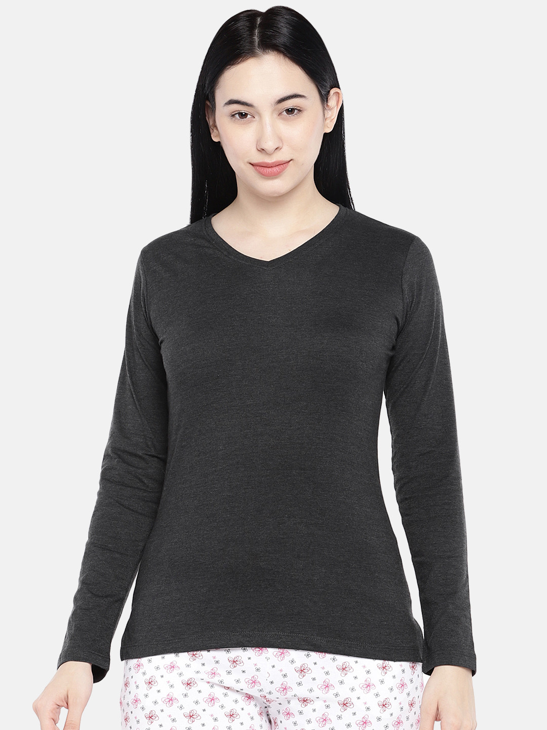 Buy Sweet Dreams Women Charcoal Grey Solid V Neck Lounge T Shirt - Lounge Tshirts for Women 