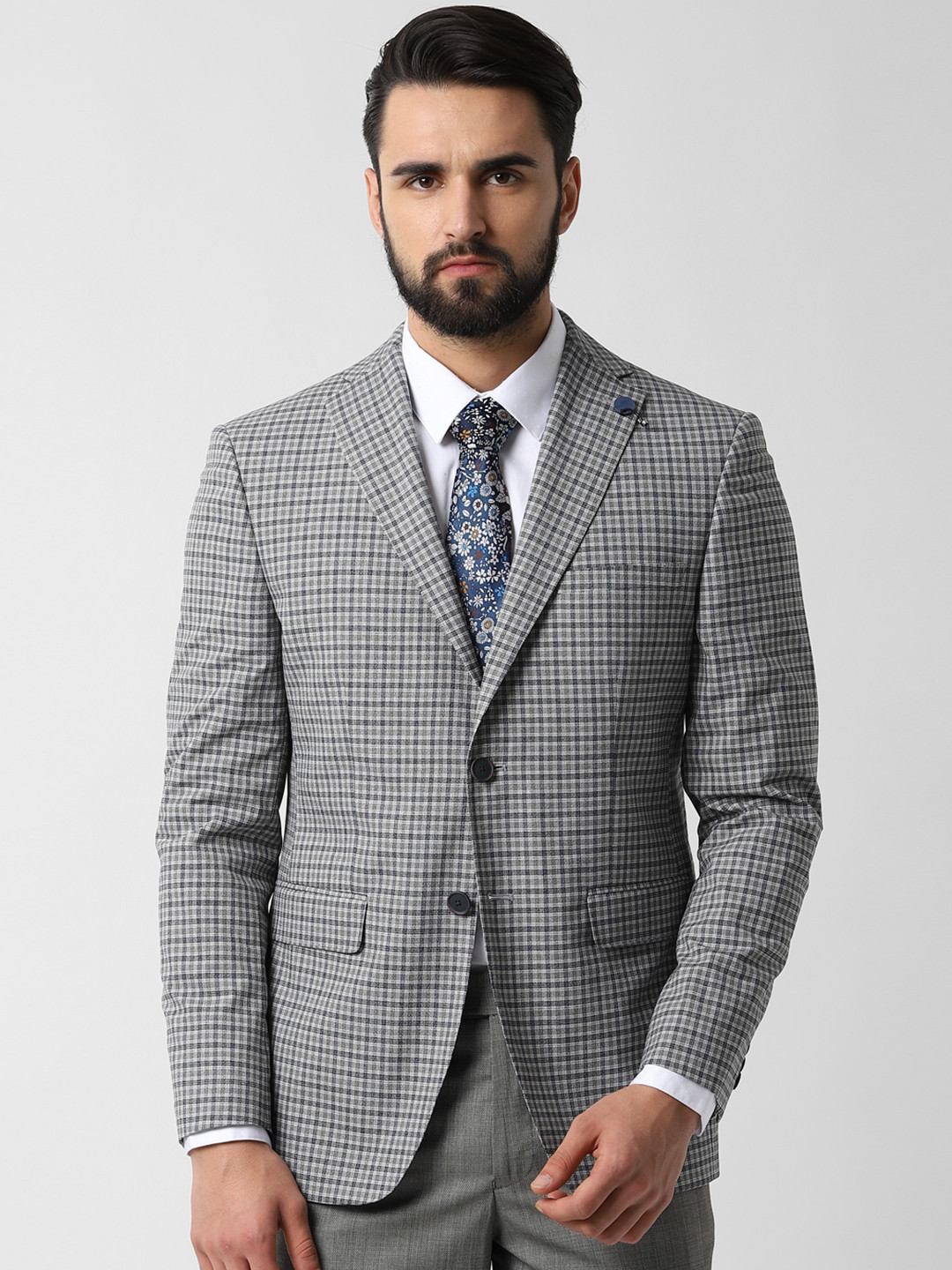 Buy Peter England Men Grey Checked Slim Fit Single Breasted Blazer