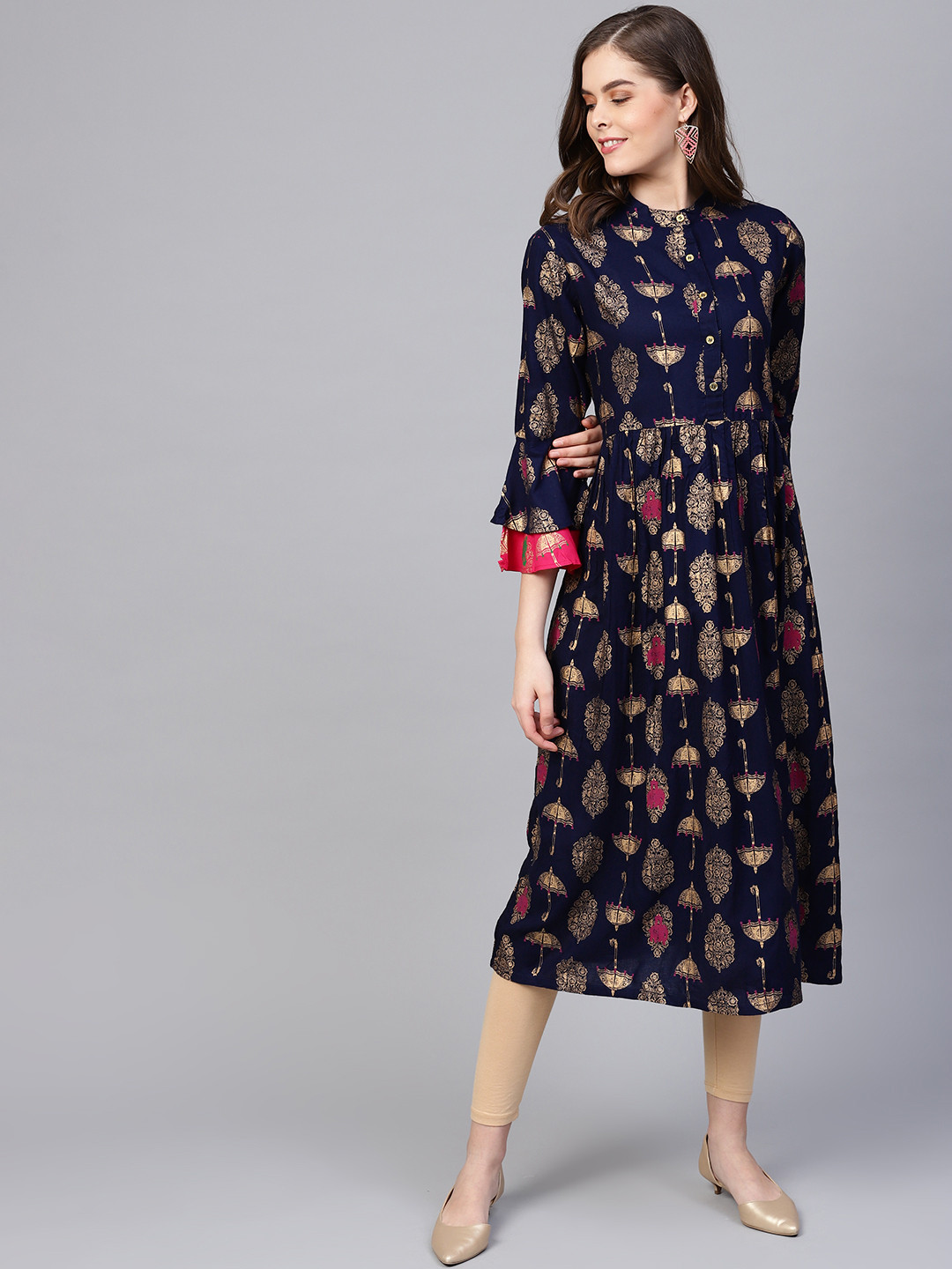 Buy Myshka Women Navy Blue & Golden Umbrella Printed A Line Kurta