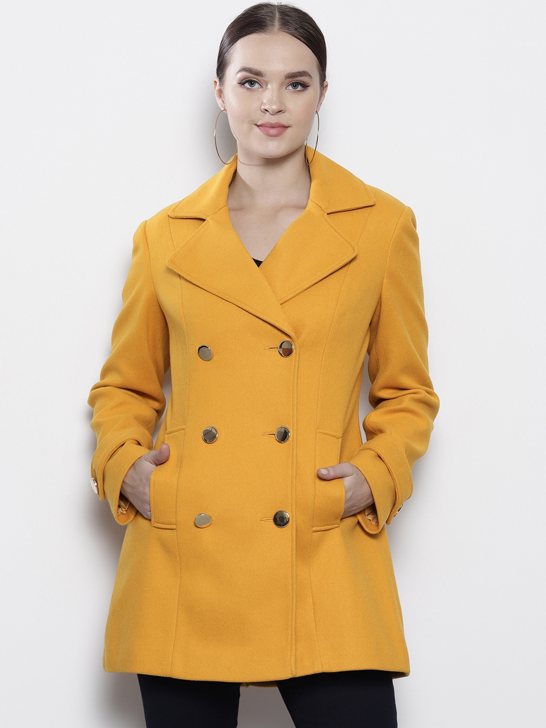 Buy DOROTHY PERKINS Women Mustard Yellow Solid Double Breasted Pea Coat ...