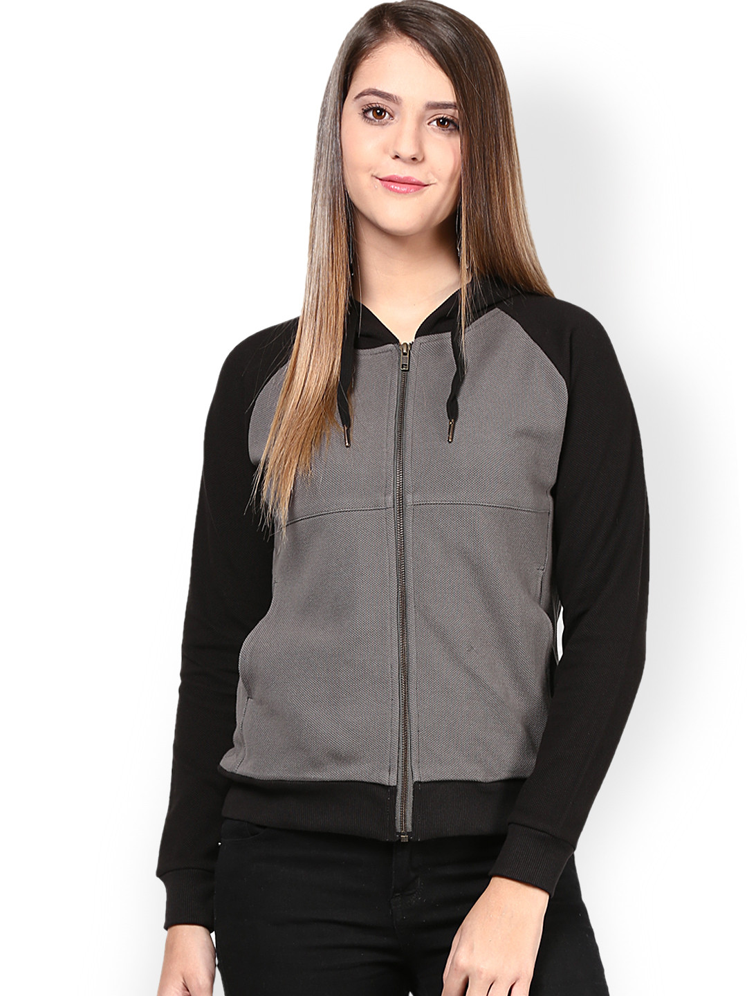 Buy Hypernation Grey & Black Hooded Sweatshirt Sweatshirts for Women