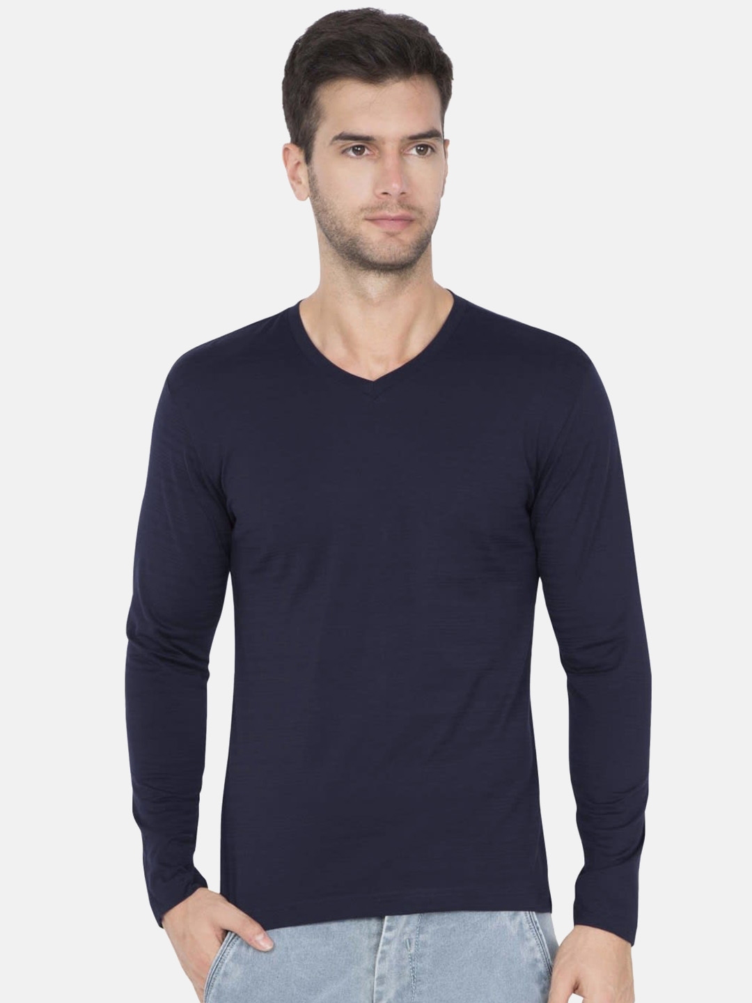 Buy Jockey Men Navy Blue Solid V Neck Pure Cotton T Shirt - Tshirts for ...