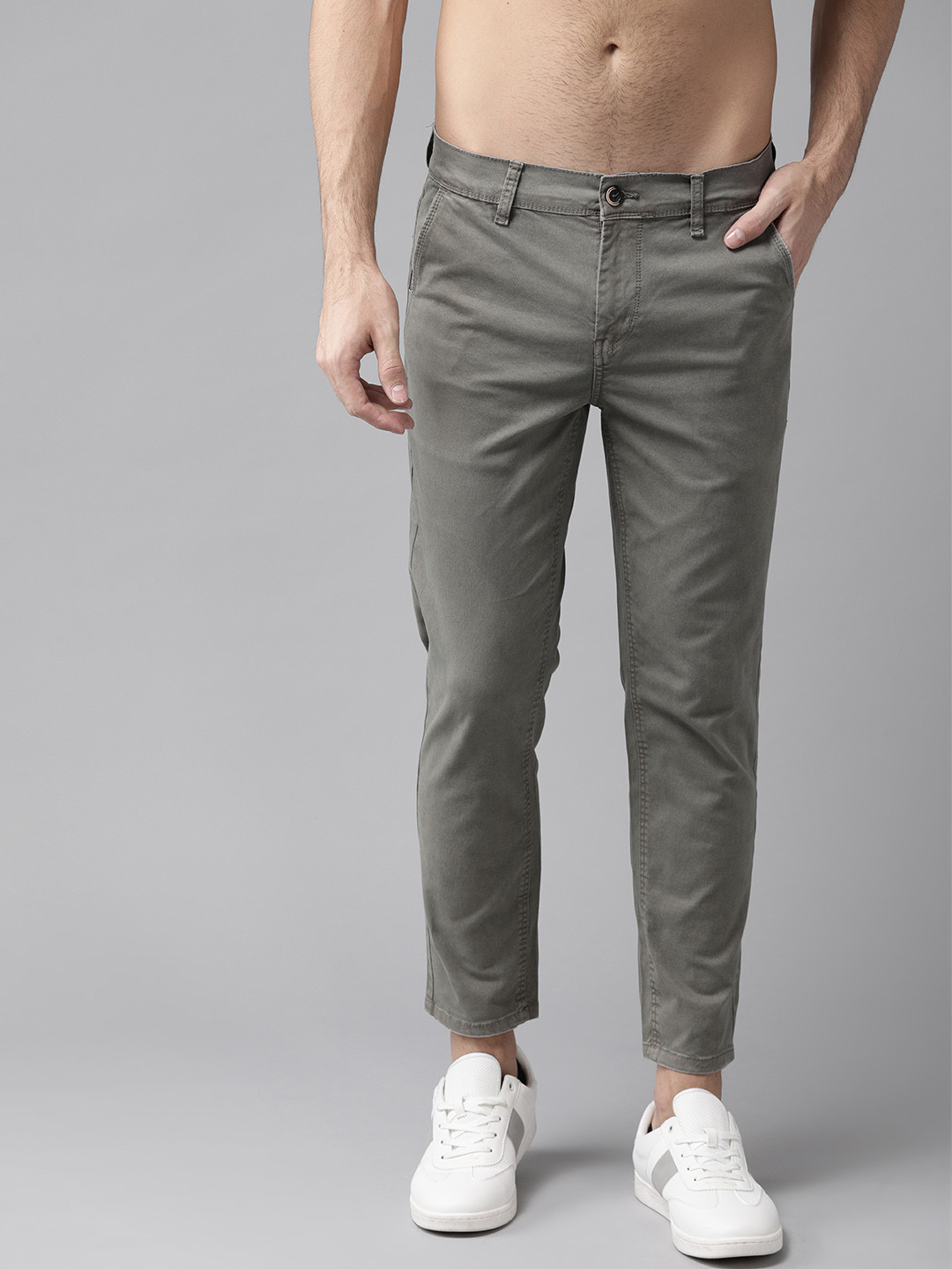 Buy The Roadster Lifestyle Co Men Grey Straight Fit Solid Regular ...