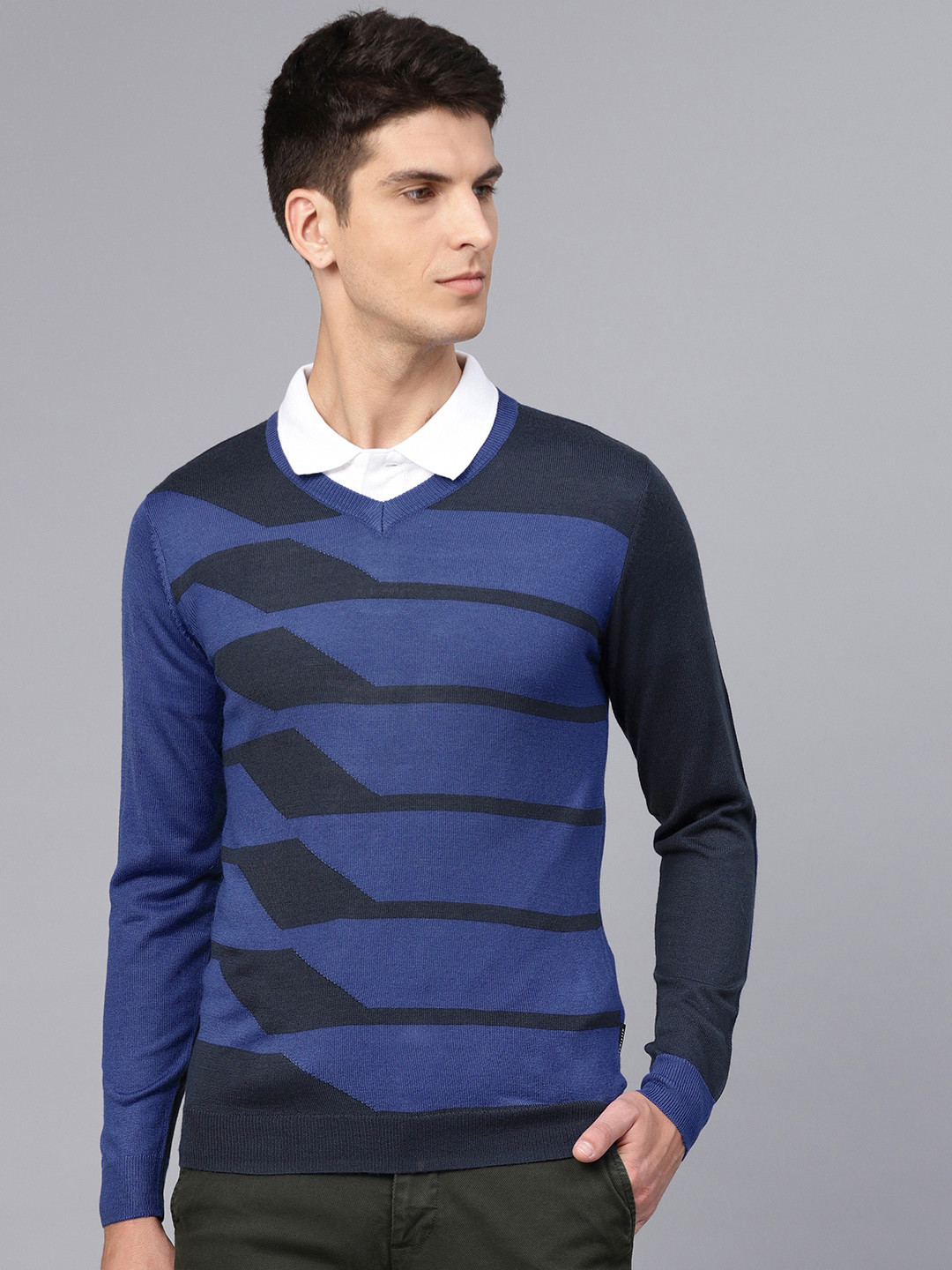 Buy Van Heusen Men Blue Striped Pullover Sweaters for Men 10654010