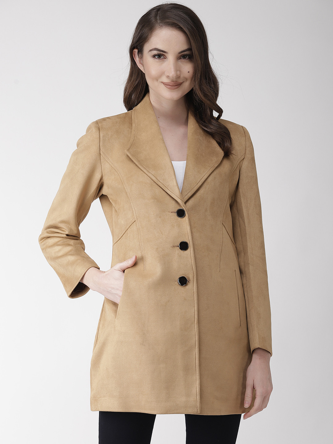 Buy Okane Women Beige Tailored Fit Solid Suede Finish Overcoat Coats
