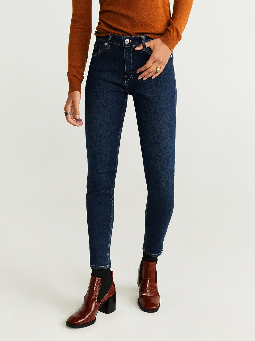 Buy MANGO Women Navy Blue Skinny Fit Mid Rise Clean Look Stretchable