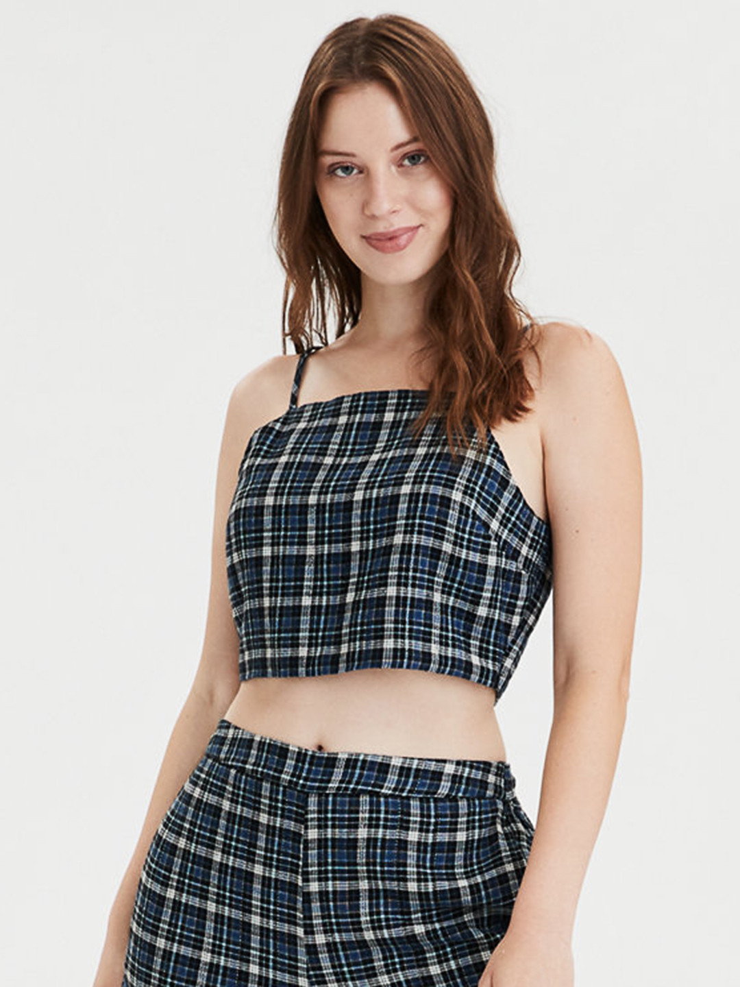 Buy AMERICAN EAGLE OUTFITTERS Women Blue Checked Crop Top Tops for