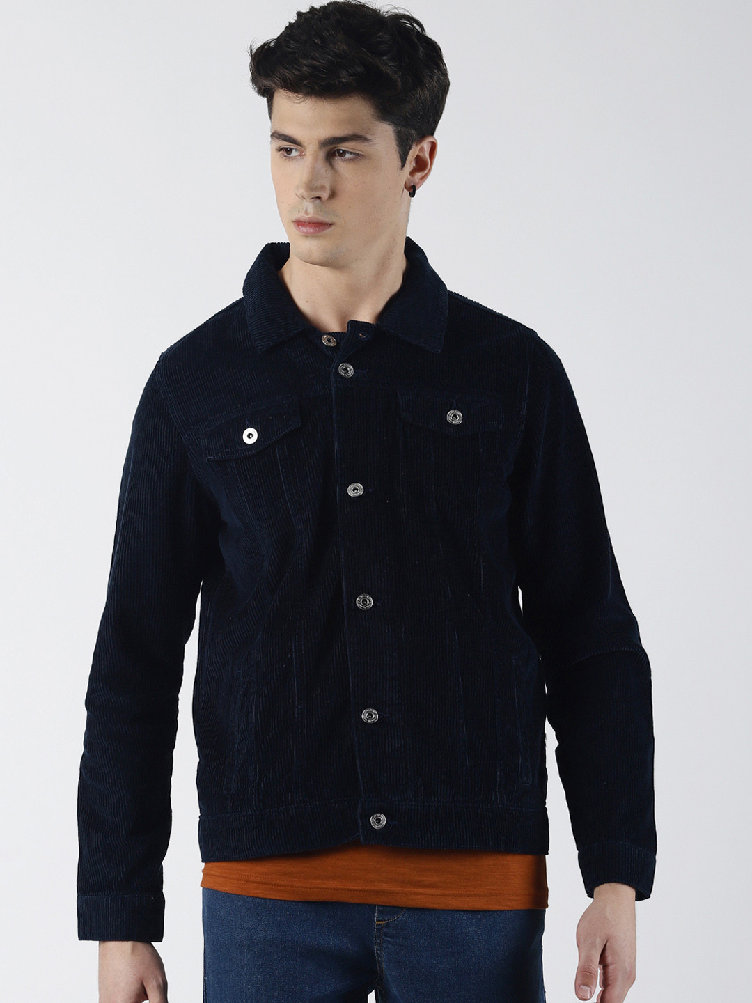 Buy Blue Saint Men Navy Blue Solid Corduroy Woven Tailored Jacket