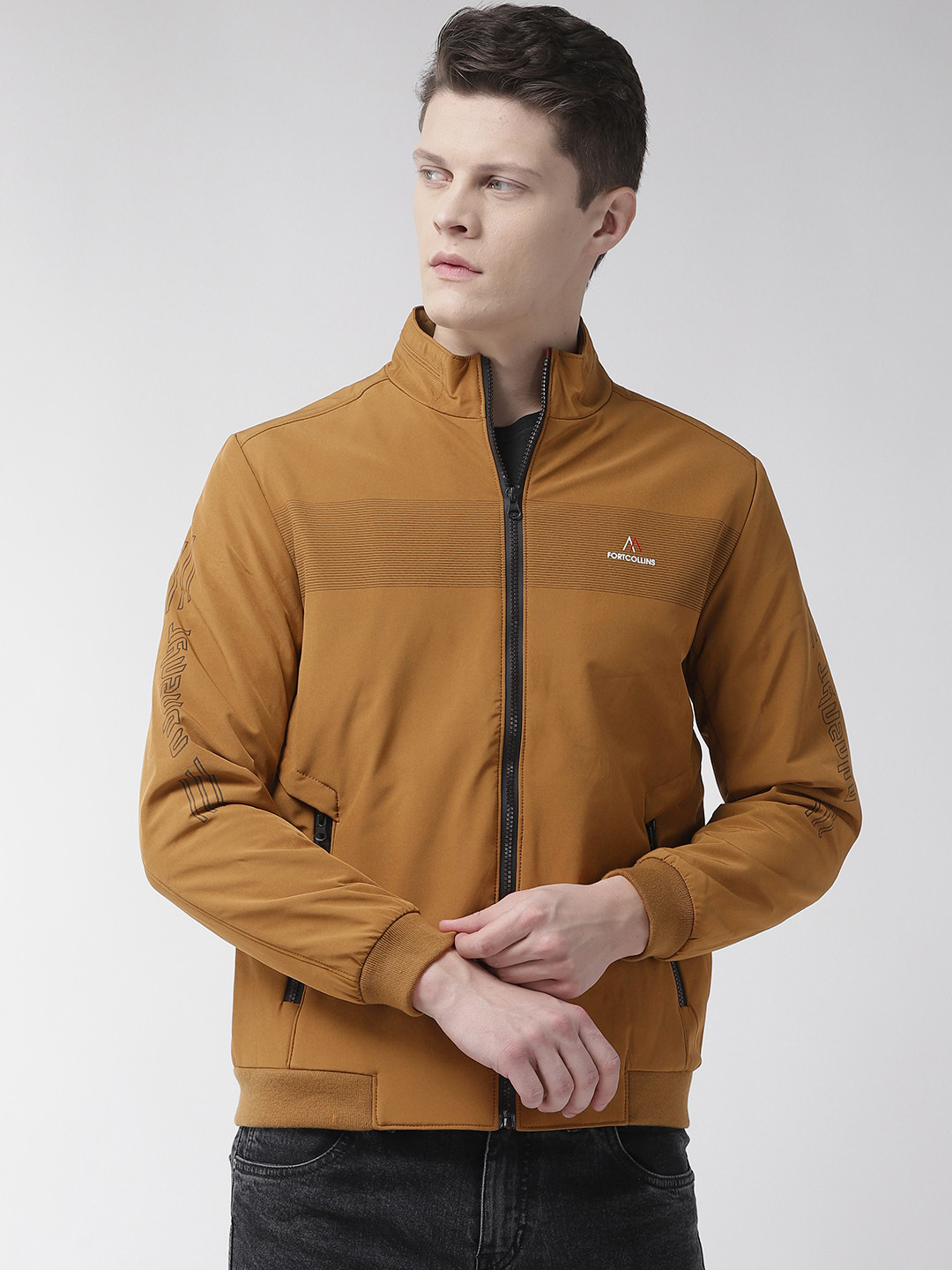 Buy Fort Collins Men Mustard Brown Solid Bomber Jackets for Men