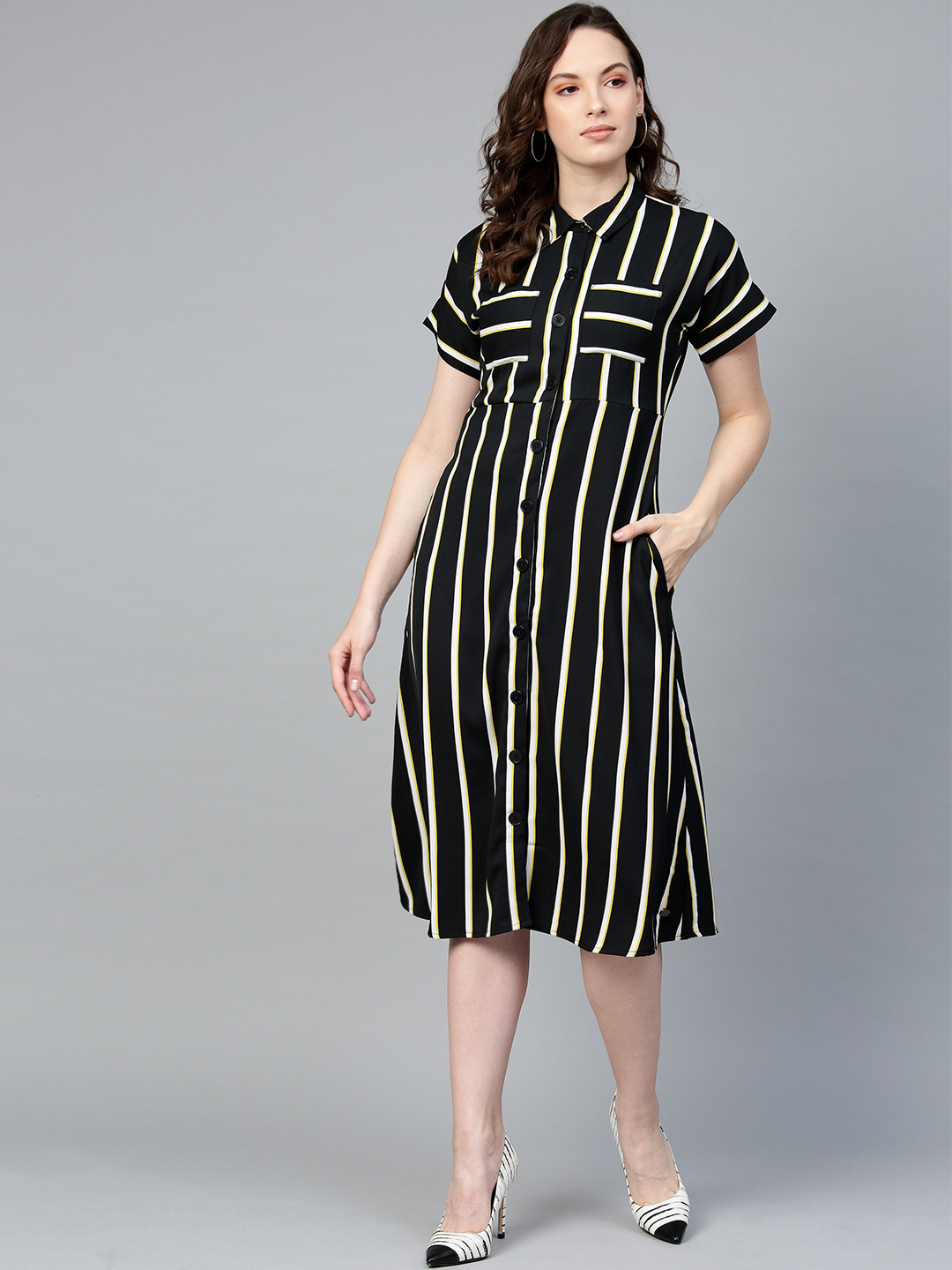 Buy French Connection Women Black & Off White Striped Shirt Dress