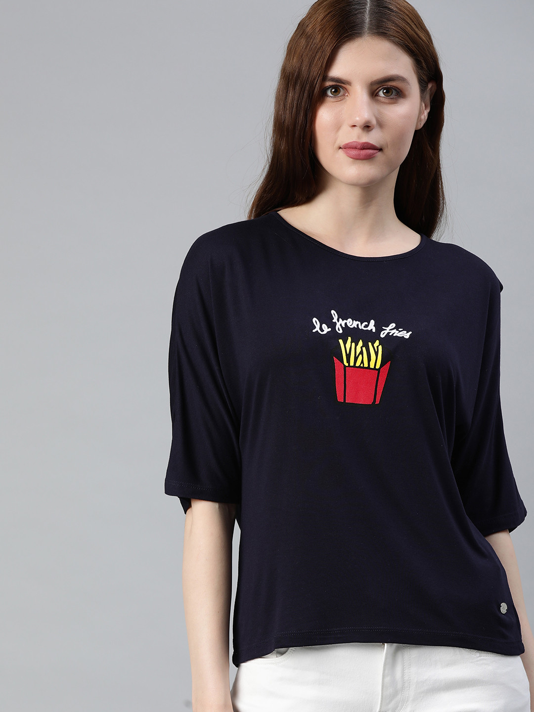 Buy French Connection Women Navy Blue Printed Round Neck T Shirt