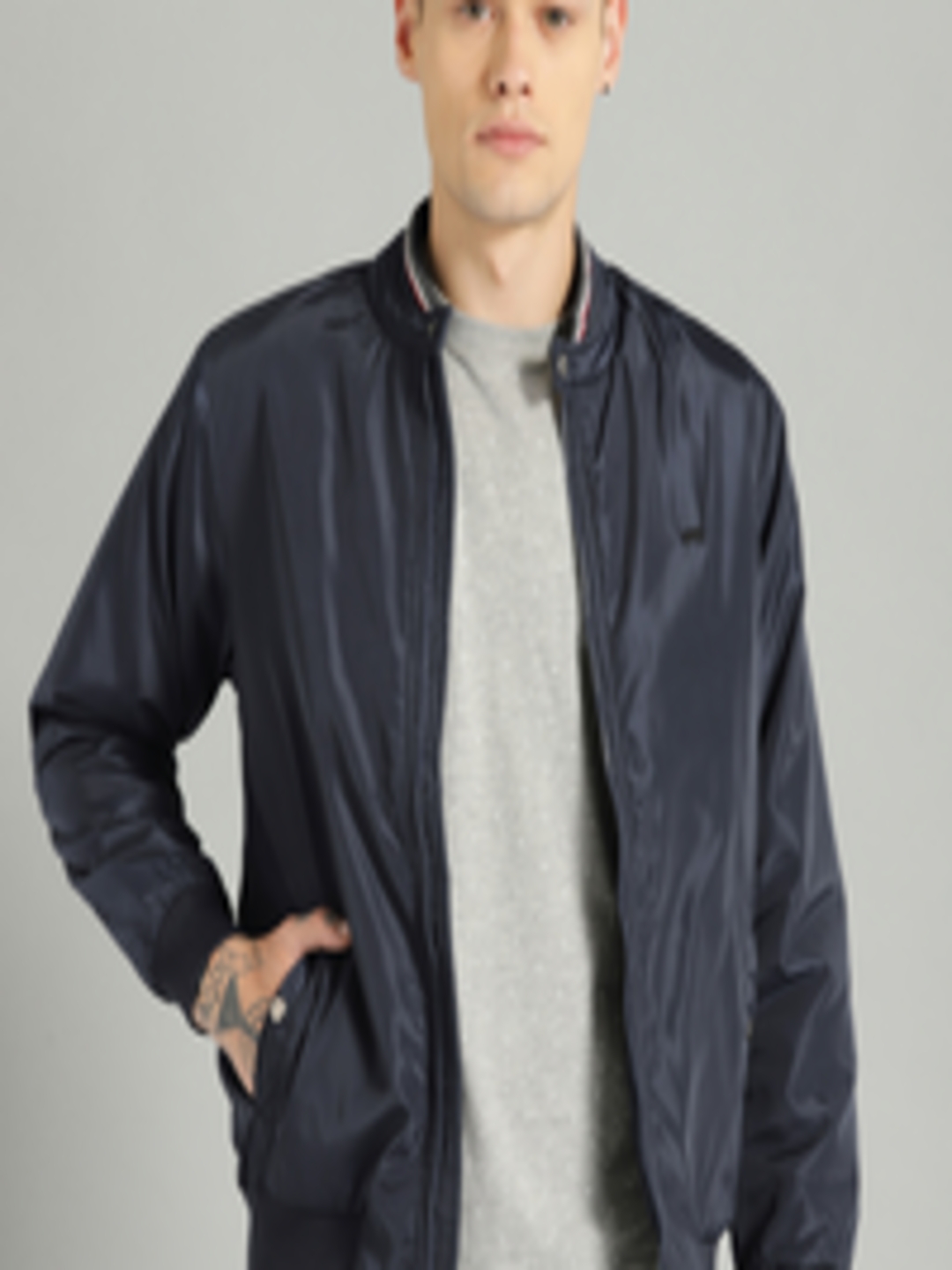 Buy The Roadster Lifestyle Co Men Navy Blue Solid Bomber Jacket ...