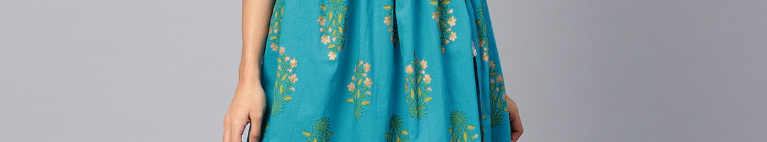 Buy Shree Women Blue & Golden Printed Empire Dress - Dresses for Women ...