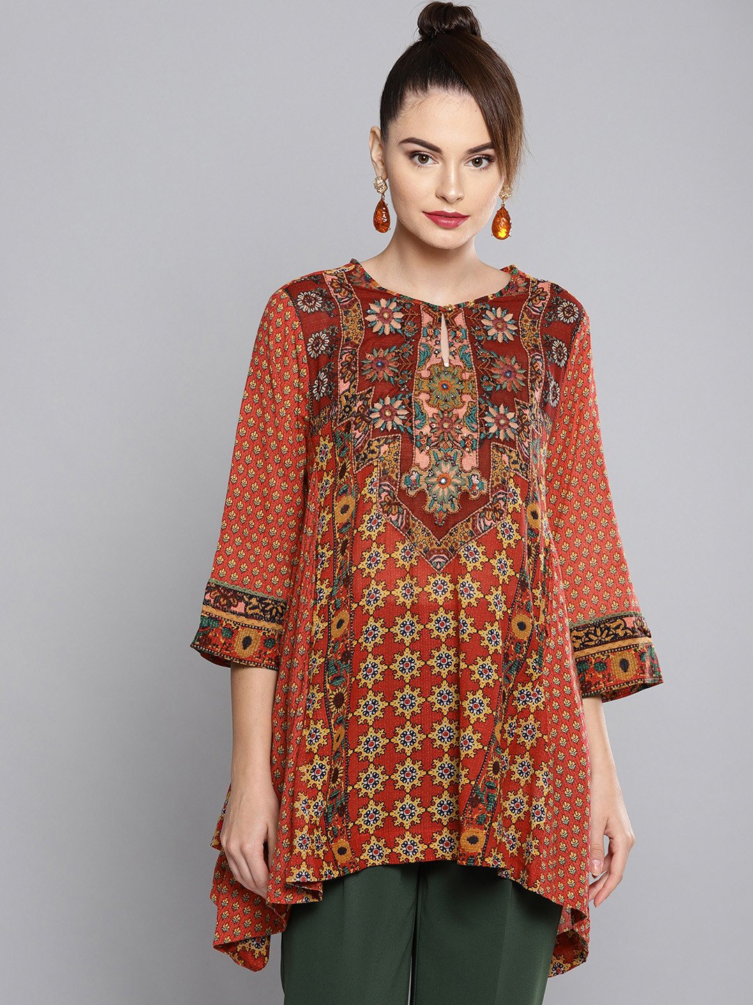 Buy Ritu Kumar Women Red & Mustard Yellow Printed A Line Kurti Kurtis