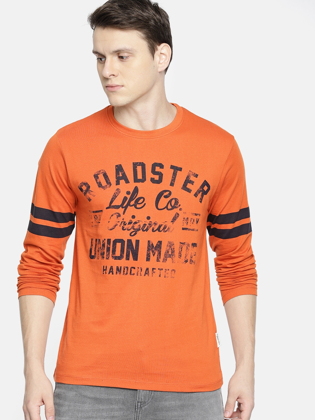 Buy The Roadster Lifestyle Co Men Orange Printed Round Neck Pure Cotton ...