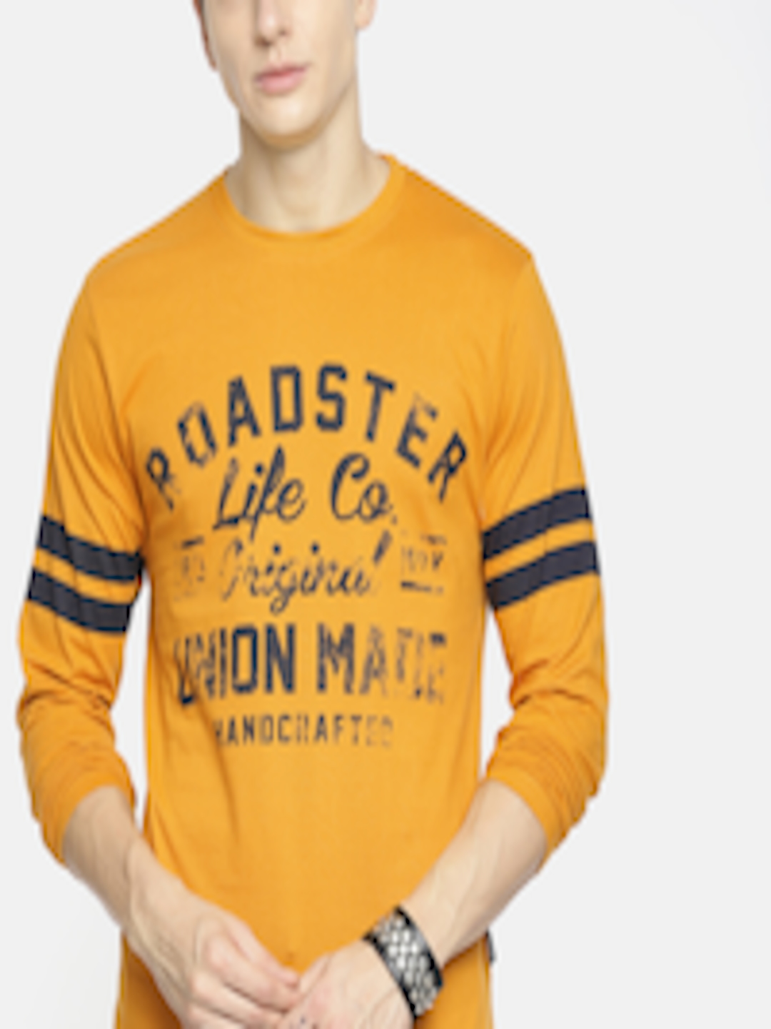 Buy The Roadster Lifestyle Co Men Mustard Printed Round Neck Pure ...