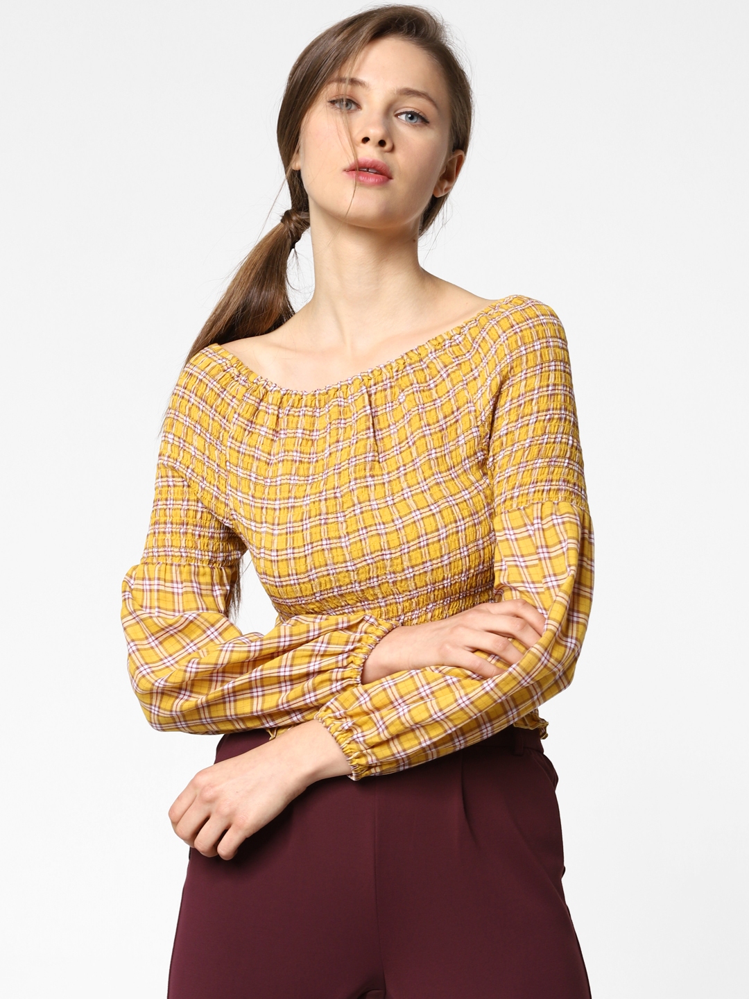 Buy ONLY Women Mustard Yellow Checked Fitted Pure Cotton Top Tops for