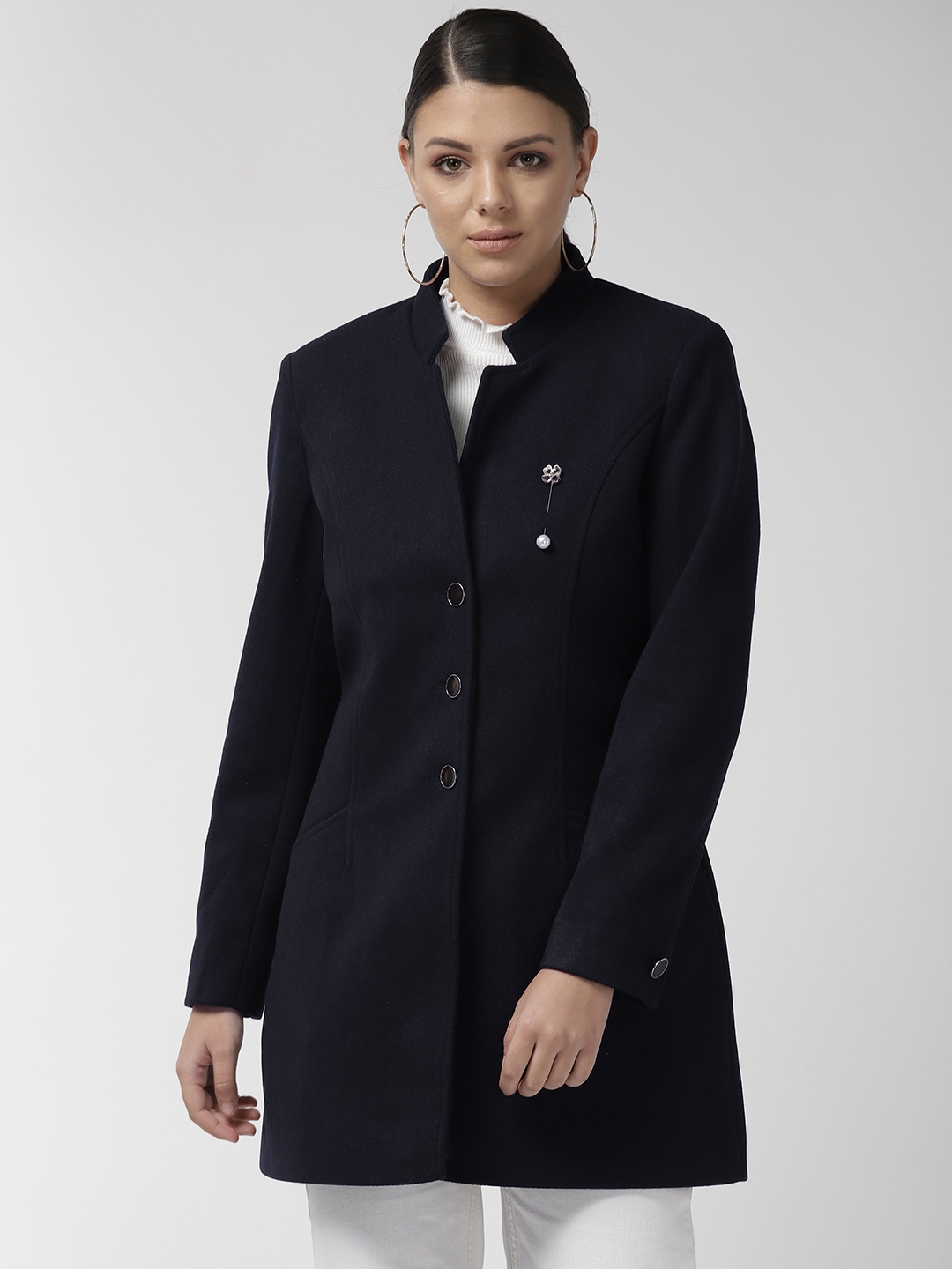 Buy Okane Women Navy Blue Solid Overcoat - Coats for Women 10690652 ...