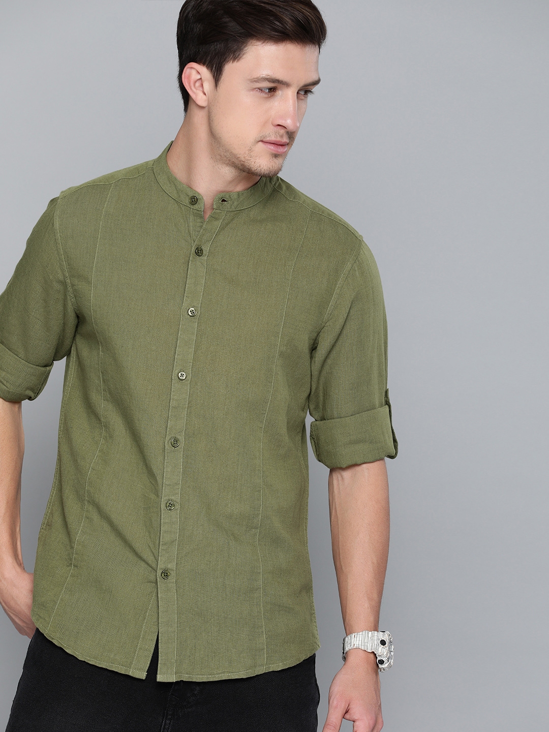 Buy Harvard Men Olive Green Regular Fit Solid Cotton Linen Casual Shirt ...